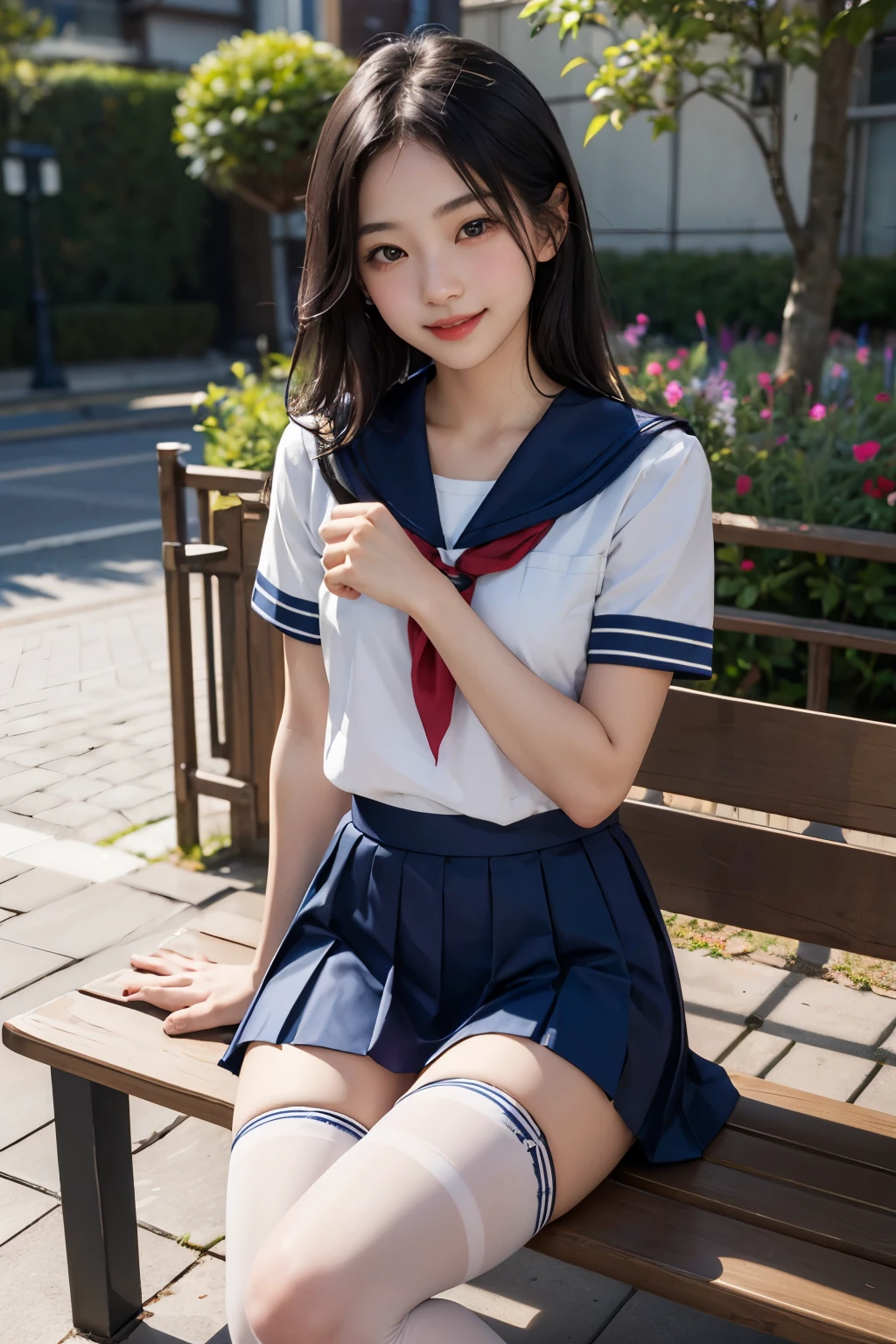 1 young girl,very cute and beautiful japanese teen actress,highly detailed beautiful face,
(smile:1.2),happy,looking at viewer,sailor school uniform,short sleeve,navy blue pleated mini skirt,zettai ryouiki,
sitting on bench,flower garden,courtyard,solo,real person,photorealistic,8k,raw photo,
super detailed,wonderful girl,attractive girl,sophisticated,highest quality,perfect hands,shiny skin,