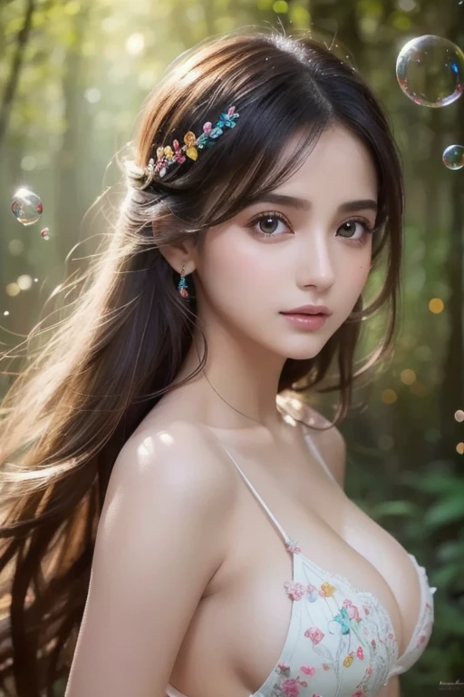 Nahida (Masterpiece), ( top quality), ( ultra detail to attract small breasts ),(  dischevel hair ),( illustration), ( 1 girl),  beautiful detailed eyes , Delicate and Beautiful Face,floating,( high chroma),( Colorful Splashes ), Colorful Bubbles ,(Shine), faces , Walking through a forest lush with colorful mushrooms