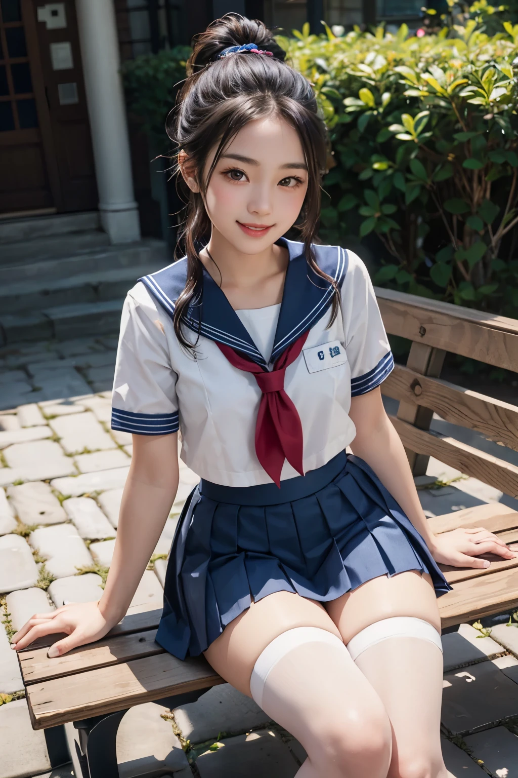 1 young girl,very cute and beautiful japanese teen actress,highly detailed beautiful face,
(smile:1.2),happy,looking at viewer,sailor school uniform,short sleeve,navy blue pleated mini skirt,zettai ryouiki,
sitting on bench,flower garden,courtyard,solo,real person,photorealistic,8k,raw photo,
super detailed,wonderful girl,attractive girl,sophisticated,highest quality,perfect hands,shiny skin,