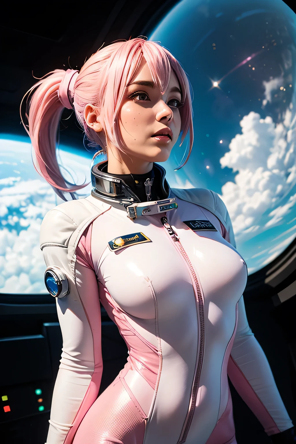 Pink hair large breast,half showing breast, full body stand in restaurantDistance shot, low angle shot, a beautiful woman (((inside a spacecraft))), aged25, floating in the air in a space station, hair drifting as if underwater, zero gravity, view of Earth out the space station window, wearing tight white spandex hot pants and white sports bra with NASA logo, 4k extremely photorealistic, uhd 4k highly detailed, ((ethereal lighting, ultra-high res.photorealistic:.1.4, (high detailed skin:1.2), 8k uhd, dslr, high quality, film grain, Fujifilm XT3,(masterpiece) (best quality) (detailed) (cinematic lighting) (sharp focus) (intricate)