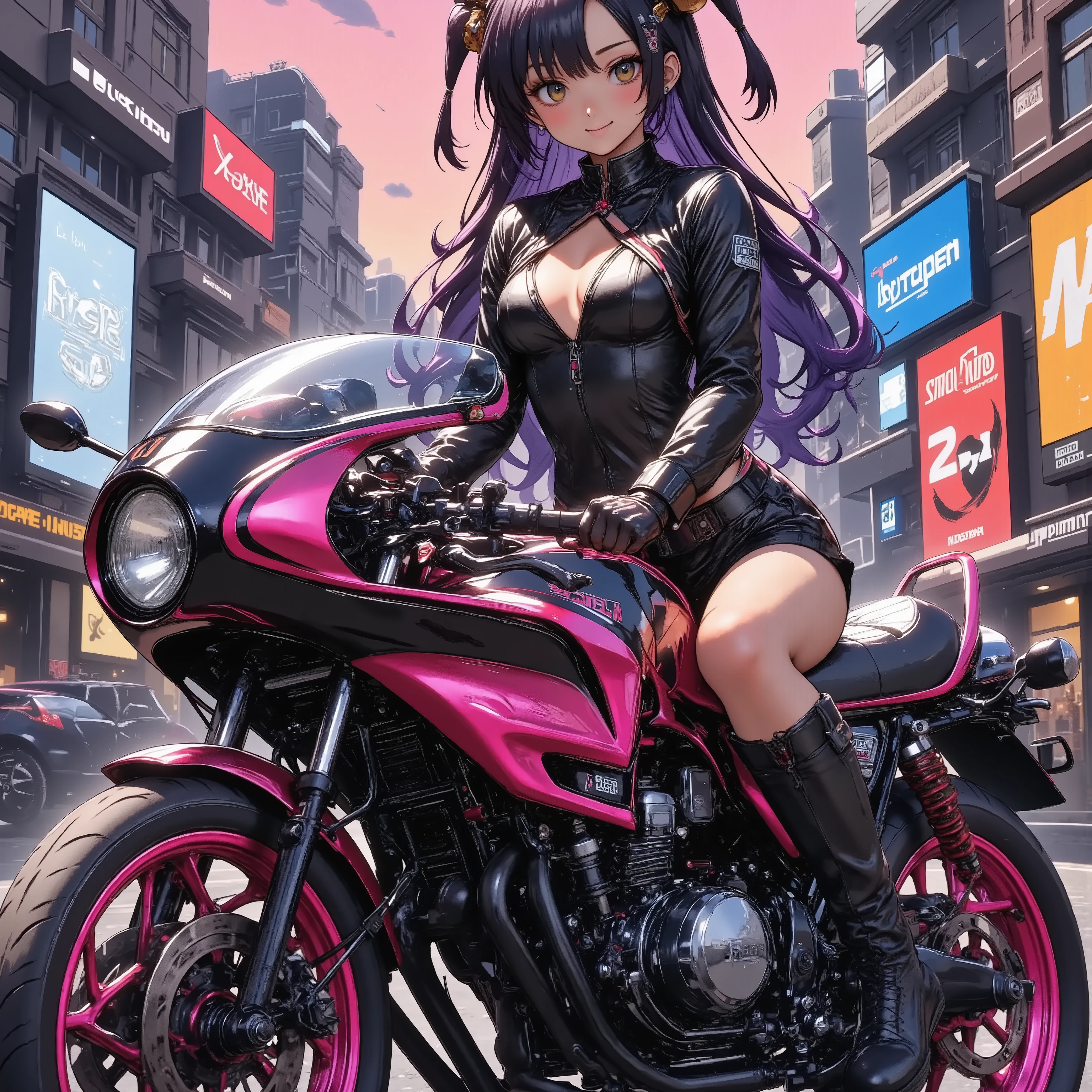 A girl standing next to a motorcycle　+ night neon city +Cyberpunk city