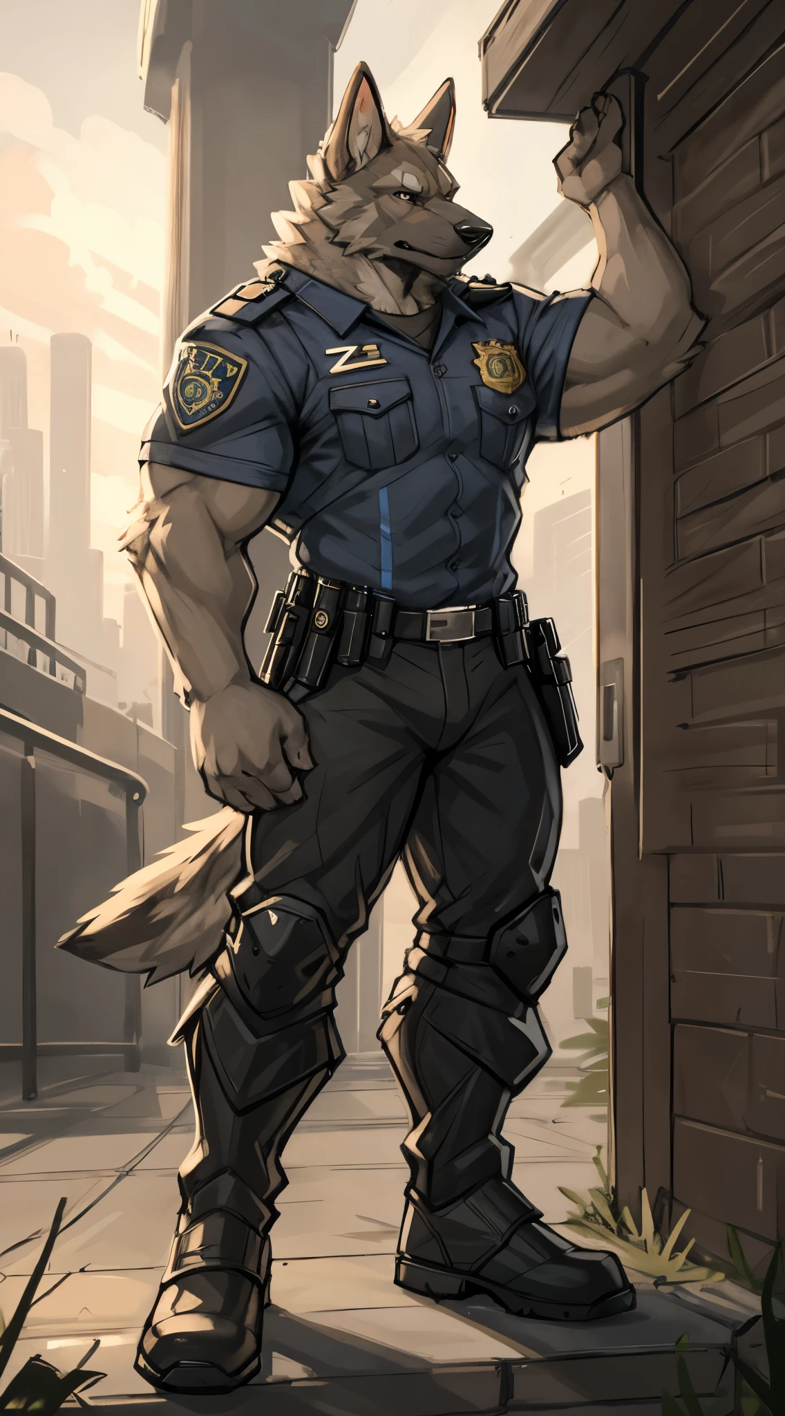 is of the highest quality ,German Shepherd, strong physique , Muscular , unique , Standing,serious,( Police Uniform:1.2),dark grey pants ,( On the knee:1.2), black boots , From Zixiang , by zackary911, , author:RED8EAN