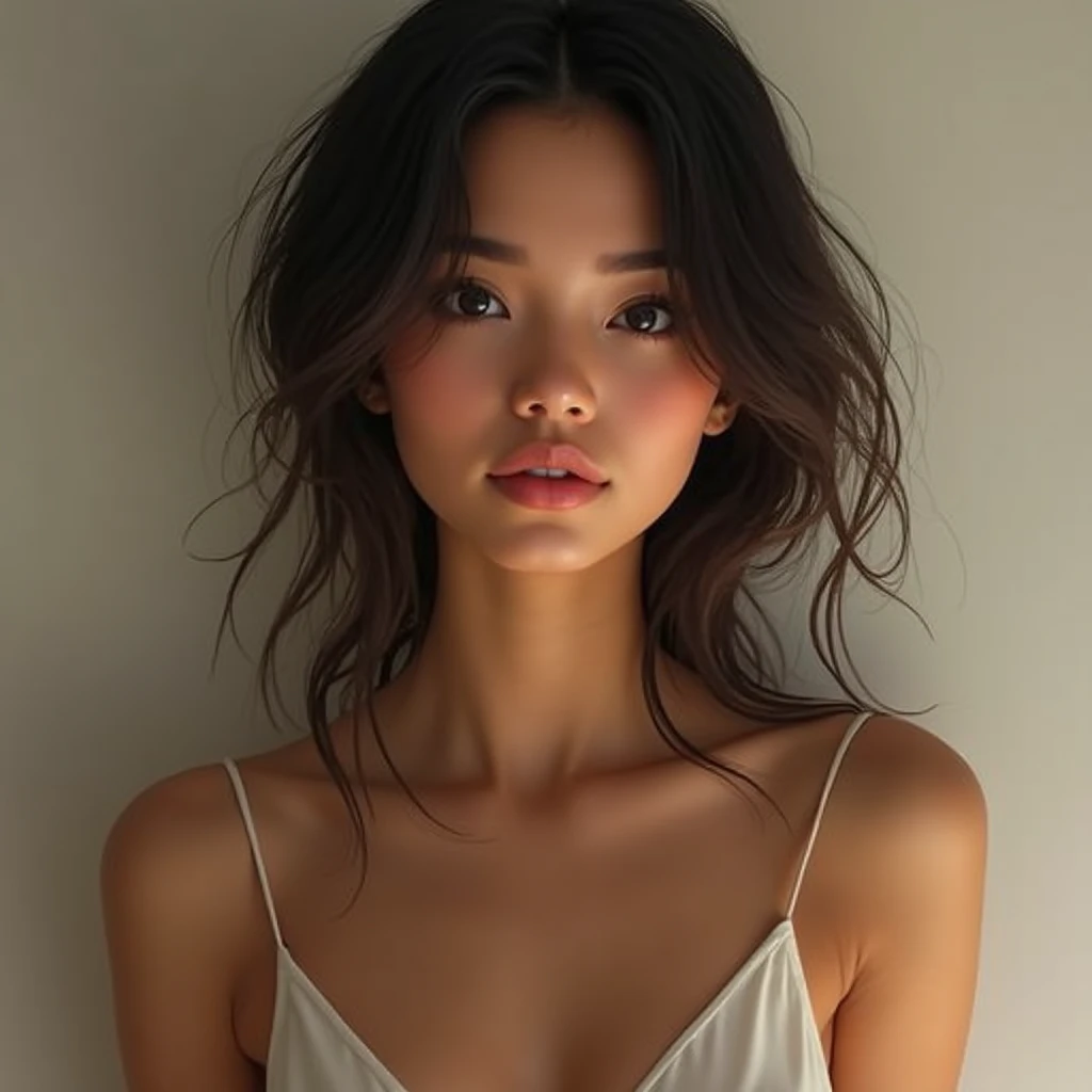 portrait jeune belle brunette, haut du corp, épaules nues, portrait High résolution, realism, real human