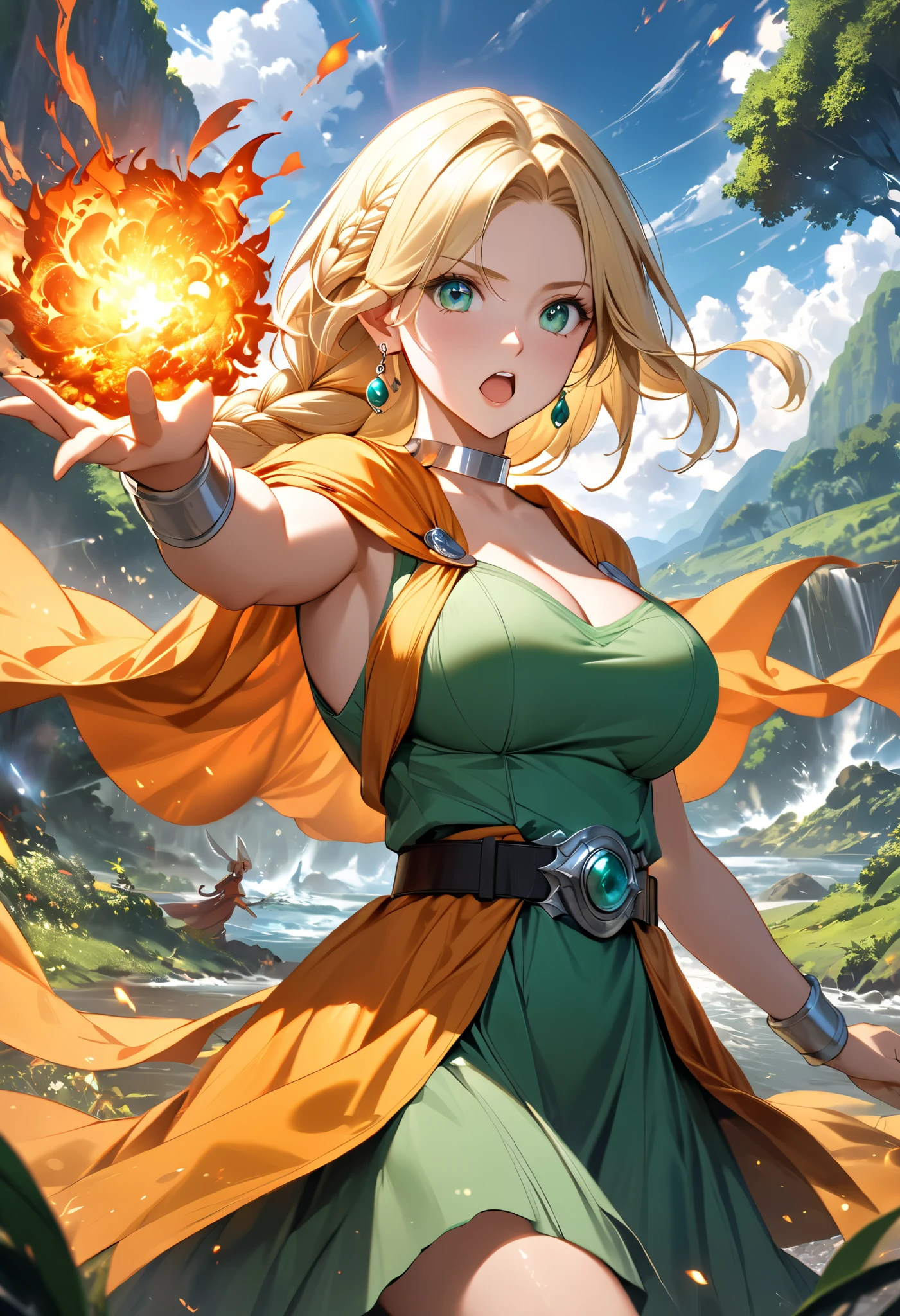 ultra-realism, illustrative realism, Epic fantasy art with magical creatures and lush landscapes, 1girl, solo, DQ Bianca, single braid, hair over shoulder, earrings, silver choker, orange cape, green dress, belt, from front, cowboy shot, looking at viewer, blonde hair, beautiful face, featuring delicate features, smooth skin, and captivating eyes in anime style, BRAKE unleashing a fiery explosion towards their enemy in a dramatic battle scene, Shouting with an open mouth, large breasts, raising their hand confidently, as magical energy gathers in their palm, BRAKE high quality, ultra detailed, 8K