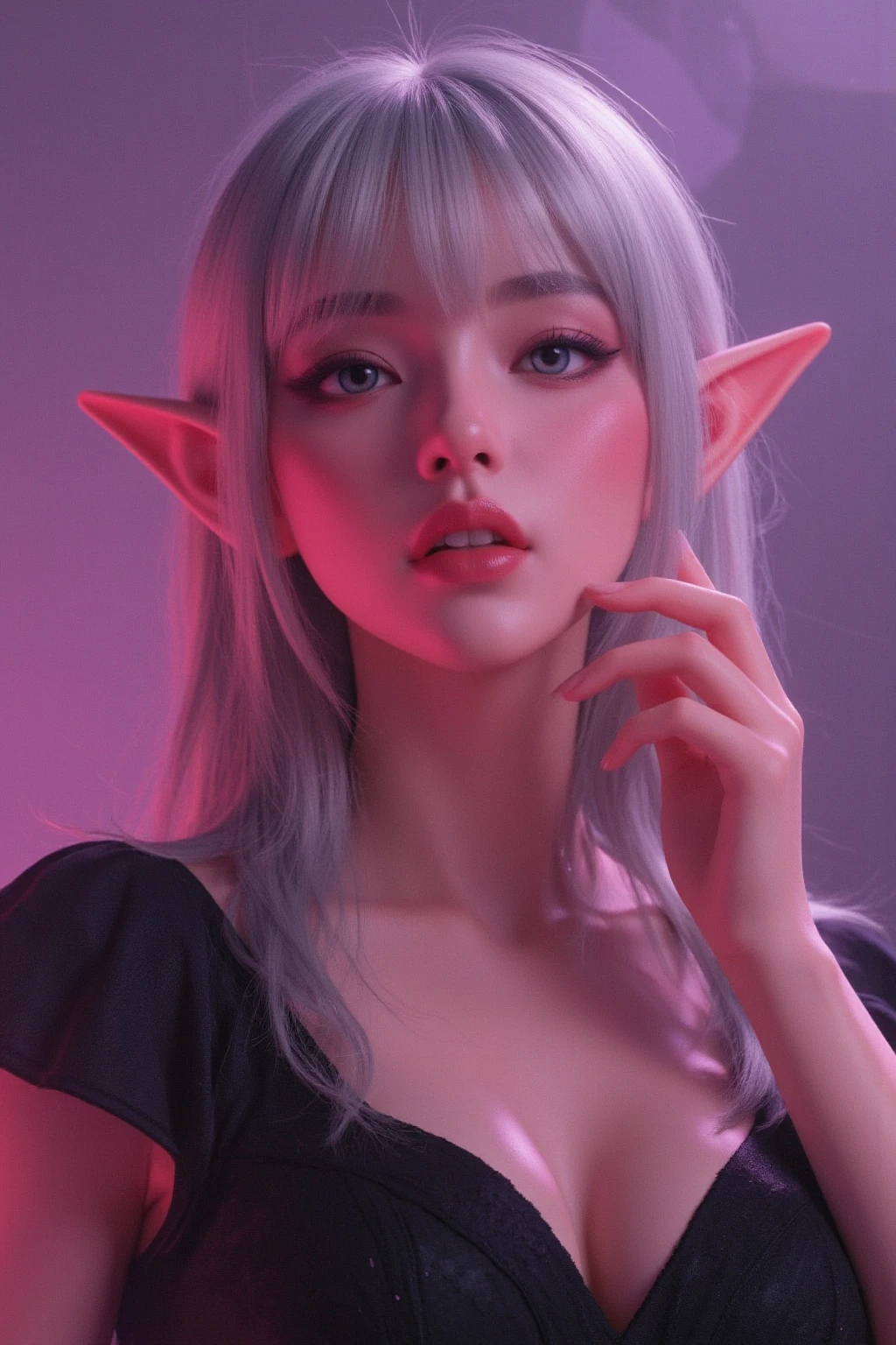 Super realistic illustration, Cinema 4D rendering, purple scene, 1 elven lady, solo, attractive female face expressions, close-up shot of incoming kiss to camera, shiny skin, sweaty skin, (extremely beautiful and detailed face, pointy ears, long eyelash, silver hair, eye shadow, big breasts, wicked smile, sadistic, erotic, Temptation to depravity, Glossy lipstick, puckered lips, blush, feverish sigh), Mysterious pink fog, Seductive gestures