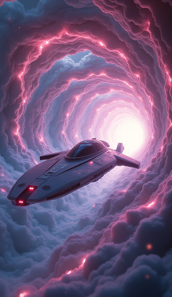 a spaceship, flying through a dimensional rift, like an endless corridor, dynamic color, marterpiece, hyper realistic.