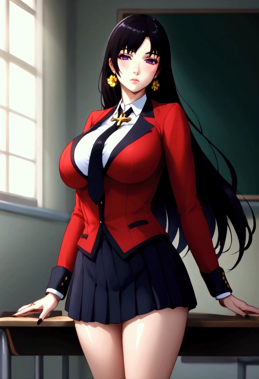 ((unreal engine 5)),  Realistic Representation ,  good resolution , Excellent, ((mecha)), looking at the viewer,  dynamic pose ,  pretty face, makeup, ( photorealism:1.2), ultra realistic uhd face, ( huge fake breasts :1.4), ( GIGANTIC BREASTS :1.1), (bust measurement 300 cm), ( big ass), (  wide hips ), ( thick legs ),  fine winding,  hourglass body, (( shiny skin)), ( fair skin ), (( shiny skin)), Realistic body, ((She's super sexy )), (( clean skin)),  realistic photo ,  Bokeh effect ,  masterpiece ,  highres icon, 1080P. (1 girl,  anime style , anime 2d,  detailed, realistic line,  good resolution ), A beautiful high school girl,  long, smooth hair with ends that curl up to out at the end with a length that reaches up to below the waist,  bluish black hair ,  with long fringes and locks on the front that reach the height of the breasts , ( beautiful and shiny hair ), with a bow on the back of the head ,  beautiful, rosy lips , (lábios bonitos e  detaileds),  fair skin  e bonita, pretty purple eyes , (olhos bonitos e  detaileds),  red eyeliner on the eyes , wearing gold flower-shaped earrings ,  long black nails , rings on the fingers,  the character is wearing a traditional uniform with a white shirt with small horizontal stripes ,  and a red jacket with black buttons and a collar around the neck and a black tie with a gold flower brooch ,  and a gray mini skirt with long black socks all torn and leather boots with long black heels ,  sitting cross-legged,  in front , half-closed eyes,  looking at the spectator , posing,  the background will be in an empty classroom at a school at sunset 