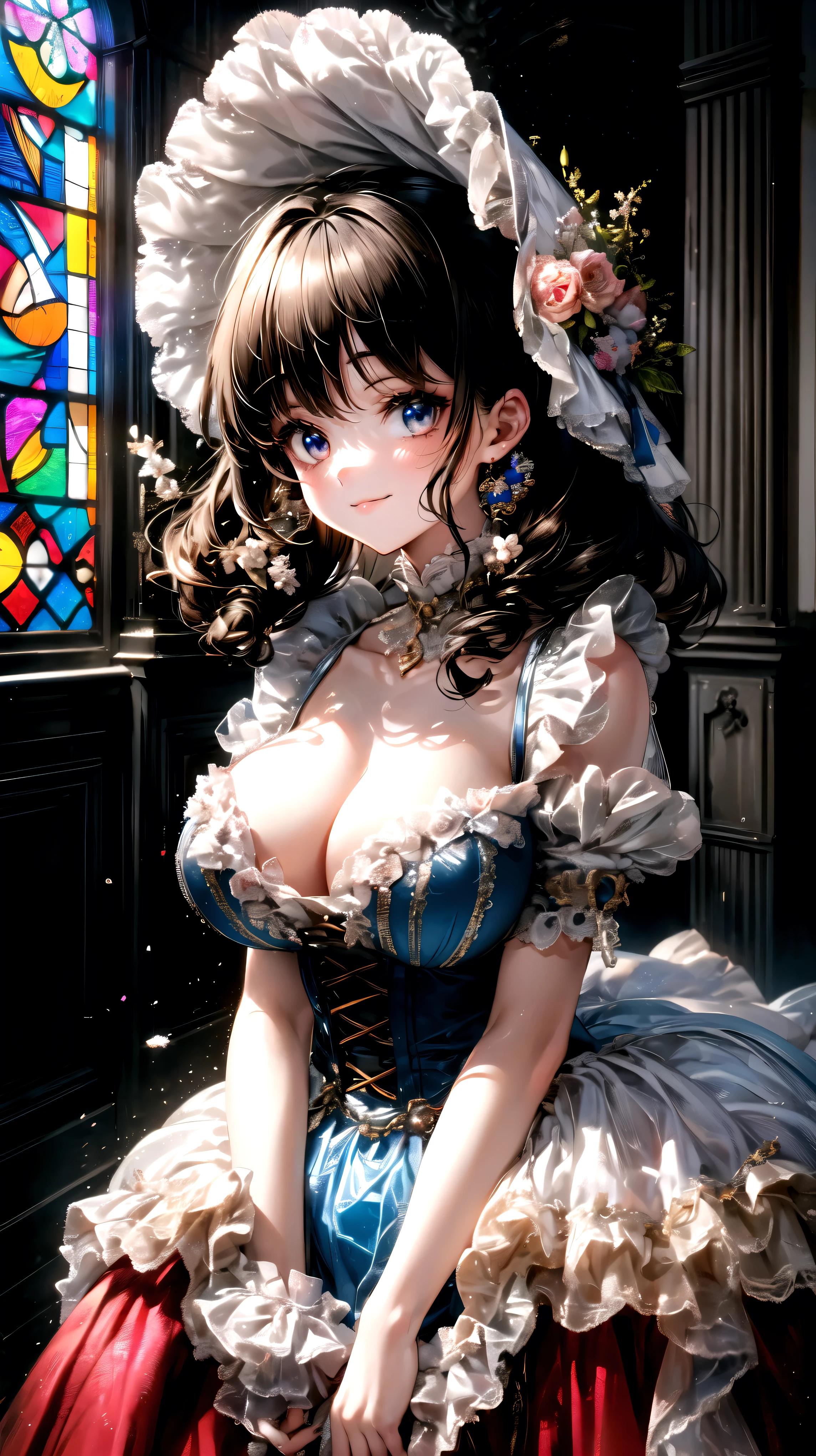 Lady, Curly Hair,  Floral Crinoline Hoop Skirt,  Red Petticoat Dress ,  big breasts, hyper detailed beautiful eyes, bonnet, Fluffy, ((smile)), downblouse, loose t-shirt, leaning forward, ((Particles of light)), Retro,  Light Through Stained Glass , light,  shallow depth of field, (anime moe art style:1.3), ((Superbly detailed drawing, ultra detailed, exquisite quality, absolutely resolution)),