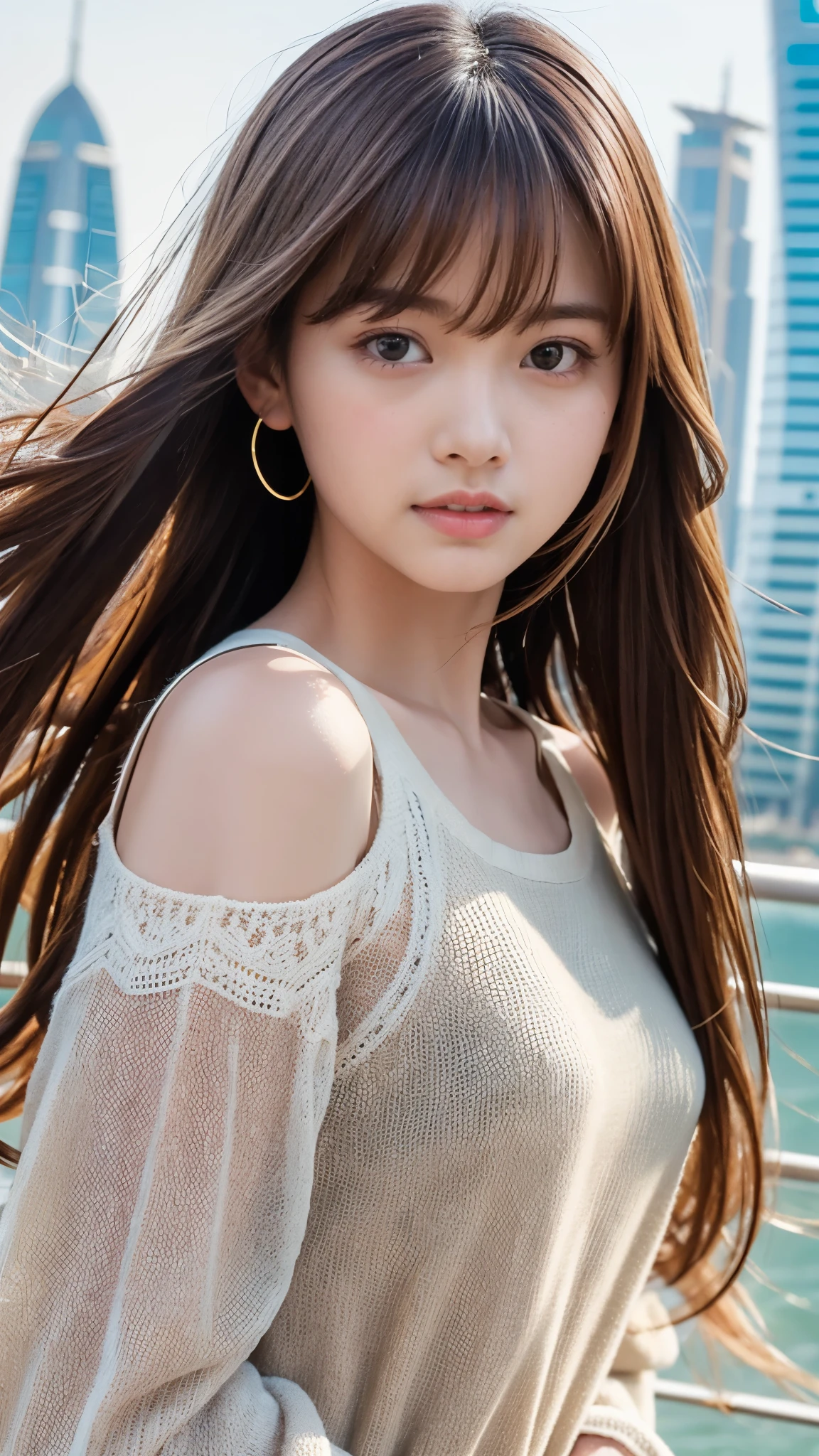 one girl、(beautiful girl、delicate girl:1.3)、(:1.3)、break、(spring clothes:1.3)、break、very fine eyes、(symmetrical eyes:1.3)、break、Perfectly shaped and anthropomorphically correct fingers、break、small breasts、brown eyes、(((longhair)))、parted bangs、brown hair、break、(Eye and face details:1.0)、break、(masterpiece、highest quality、Super detailed) 、detailed face、8k)、Full body、break、A futuristic floating Dubai City