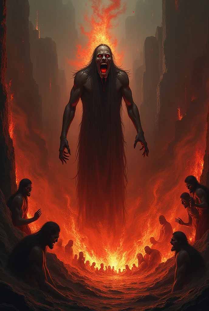The image presents a terrifying and disturbing scene evoking an apocalyptic world dominated by evil.. On top of a collapsed structure, A sinister and terrifying looking man sits there, which seems to represent the devil.

This character has a human appearance, but with distorted and gloomy features. He has a piercing gaze and a mischievous smile on his face., as if he delights in the suffering he sees around him.

Under the, A group of people, mostly looking emaciated and terrified, are kneeling or prostrate before him, as if they worshipped him or served him. Their expressions reflect deep fear and despair..

The environment surrounding this scene is desolate and chaotic.. The buildings around it are in ruins., with rubble and scenes of destruction everywhere. The sky has a gloomy and threatening appearance., with dark red clouds that seem to foreshadow an apocalyptic storm.

The composition of the image focuses on the dominant figure of the devil., placing him in an elevated and dominant position over the people who serve him. This arrangement reinforces the feeling that he exercises absolute control over this devastated world..

Details of the image, like the dark lighting, the dull colours and oppressive atmosphere, contribute to creating an atmosphere of despair and horror, where the devil seems to revel in the misery of humanity.