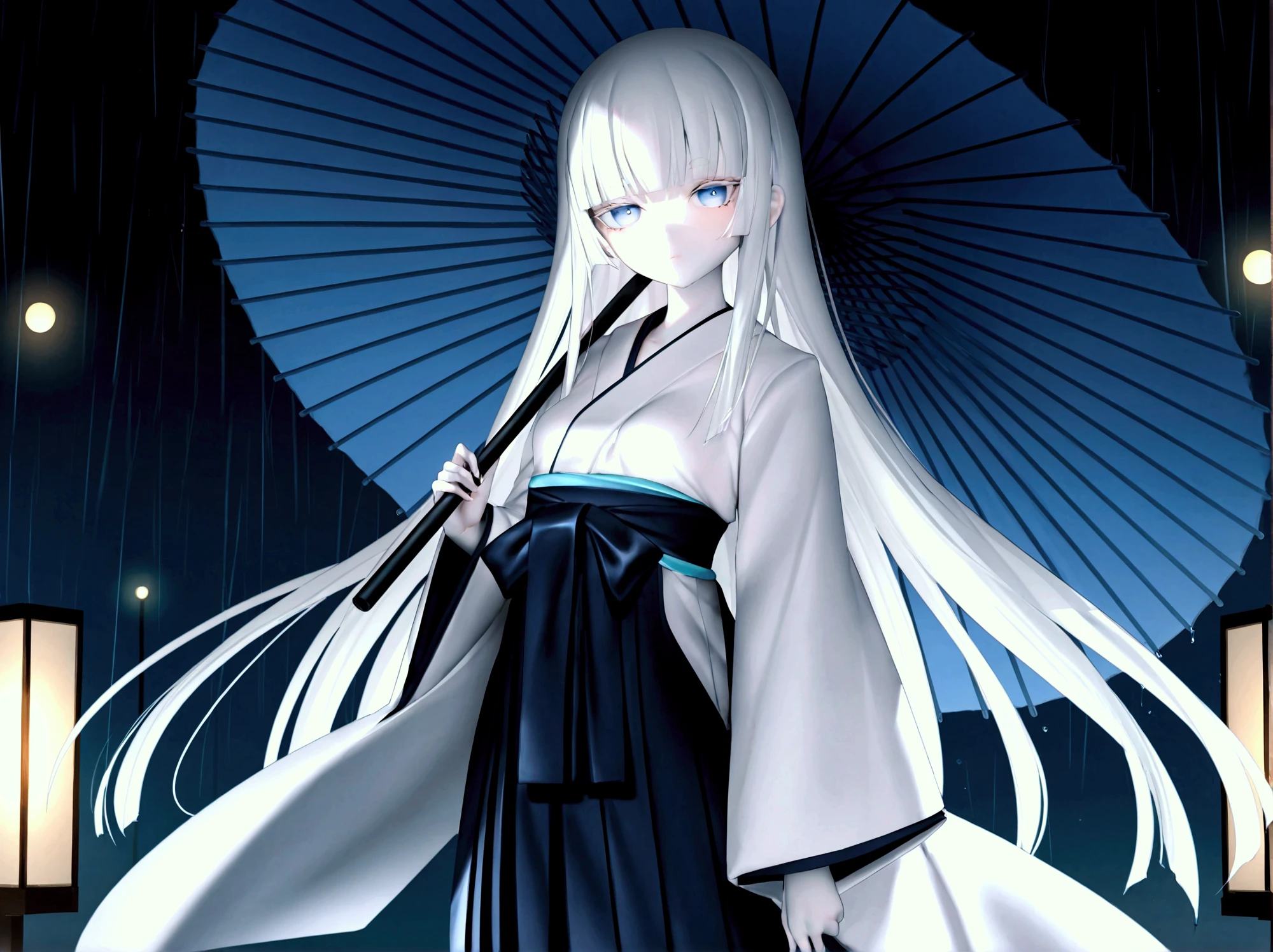 kaede (sayappa); pefect hands; 1girl; albino; very white skin; very pale skin; very thin girl; petite girl; very small breasts; white hair; straight hair; long hair; hime cut; white eyebrows; light blue eyes; emotionless; kimono; streat lights; evening; evening street; rain; raining; holding an umbrella, standing close to the viewer; pov; watching at viewer;