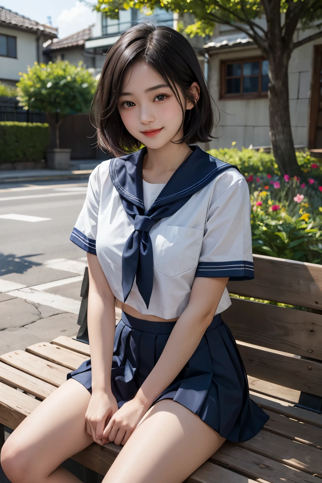 1 young girl,very cute and beautiful japanese teen actress,highly detailed beautiful face,
(smile:1.2),happy,looking at viewer,short hair,sailor school uniform,short sleeve,navy blue pleated mini skirt,zettai ryouiki,
sitting on bench,flower garden,courtyard,solo,real person,photorealistic,8k,raw photo,
super detailed,wonderful girl,attractive girl,sophisticated,highest quality,perfect hands,shiny skin,