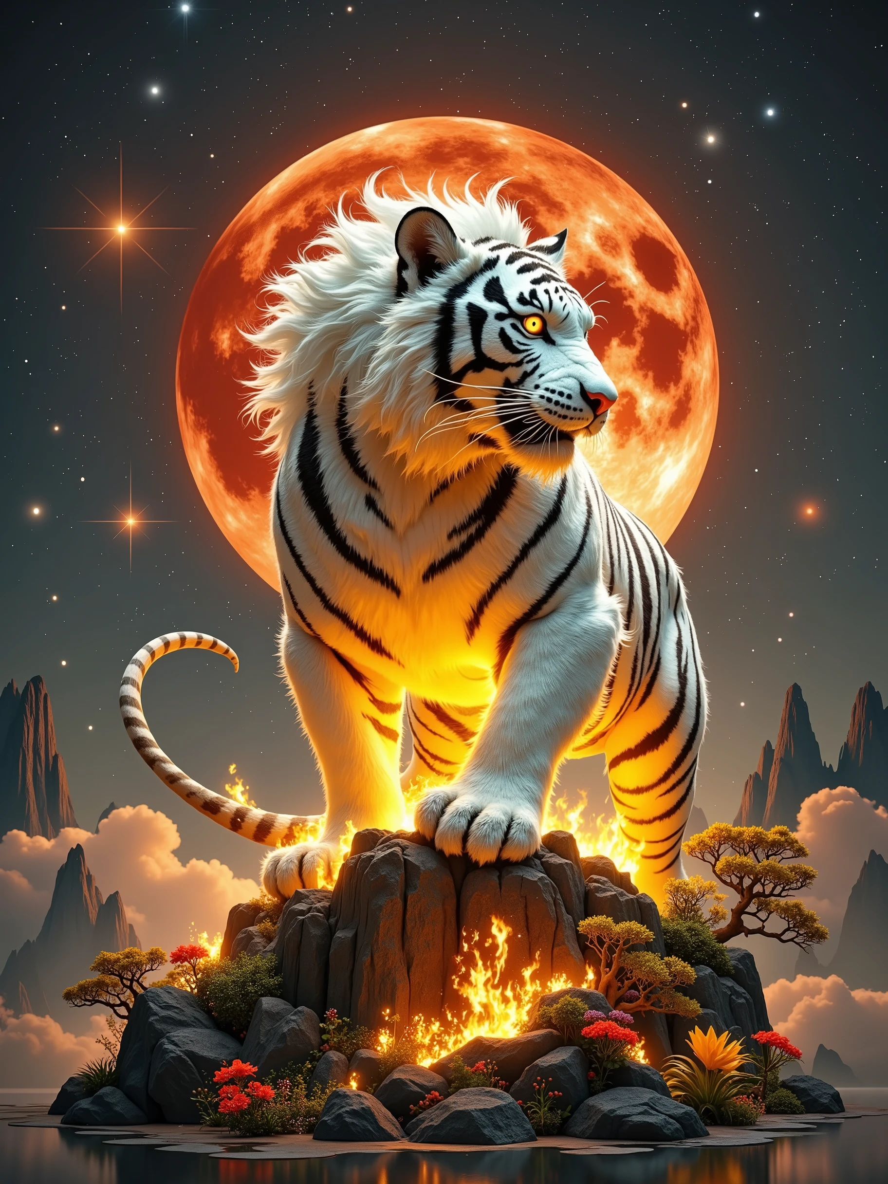 Vision, whole body, A huge white tiger full of majesty and power , the white tiger's fur is snow-white , The black stripes are clear and powerful , with golden light , The bloody red moon hangs in the sky in the background , The aura and energy flow of flames surrounding the white tiger , The white tiger's body has clear lines of flame after burning, darkness, movie camera,masterpiece,The ultra-realistic shooting , Unreal Engine rendering ,8k,Real lighting effects , bioluminescence , Grand scene, transparent background , Super fine, Ultra HD, high quality, Perfect composition, is brightly colored , Fresh color scheme , bright colors , dopamine color scheme , High Saturation, High Contrast, Oriental Poetry and Painting