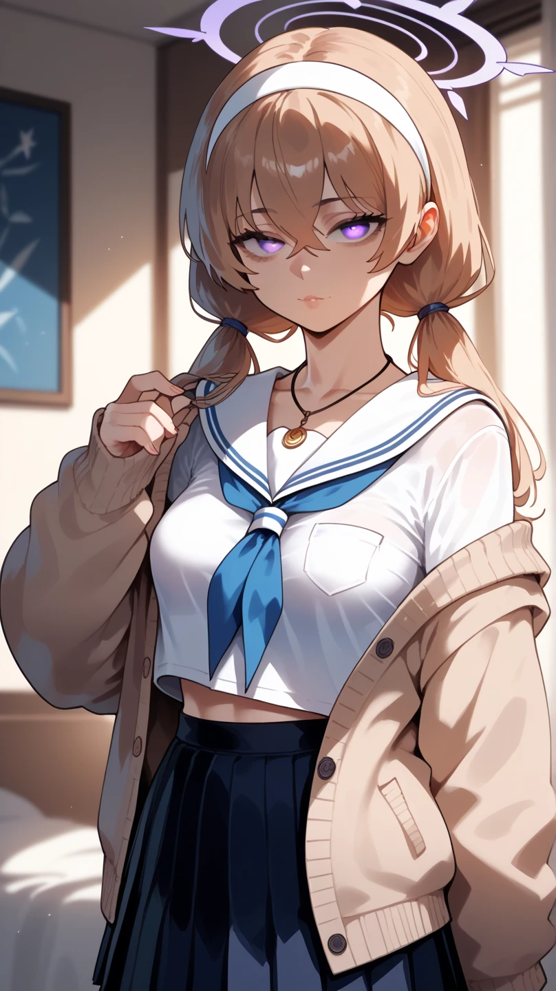 black_hair, purple_eyes, long_hair, low_twintails, hair_between_eyes, small_breasts, bags_under_eyes, halo, blue_neckerchief, white_skirt, pleated_skirt, white_serafuku, white_sailor_collar, blue_hairband, brown_cardigan, black_shirt, pendant, off_shoulder