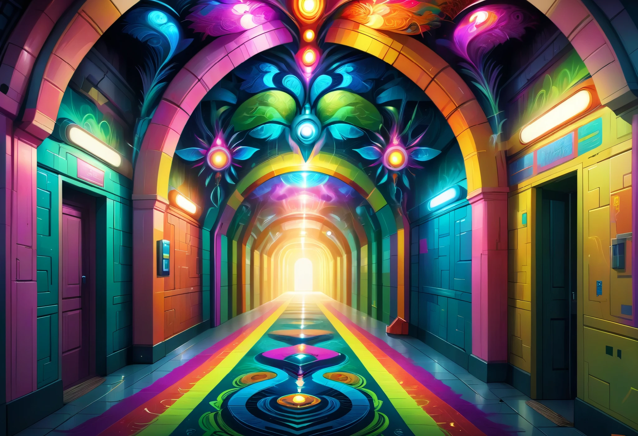  Endless Surreal Hallways,  Psychedelic Art , An endless hallway,  Fractal Art ,  Psychedelic Art , transformer,  very detailed, masterpiece, 8k,  super real, Dark moody lighting,  creepy vibe,  Restless ,  Strange Geometric Patterns ,  Abstract Patterns ,  bright color, Surreal elements, Distorted Perspectives , Twisted Reality ,  dreamy,  Restless ,  intriguing ,  fascinating