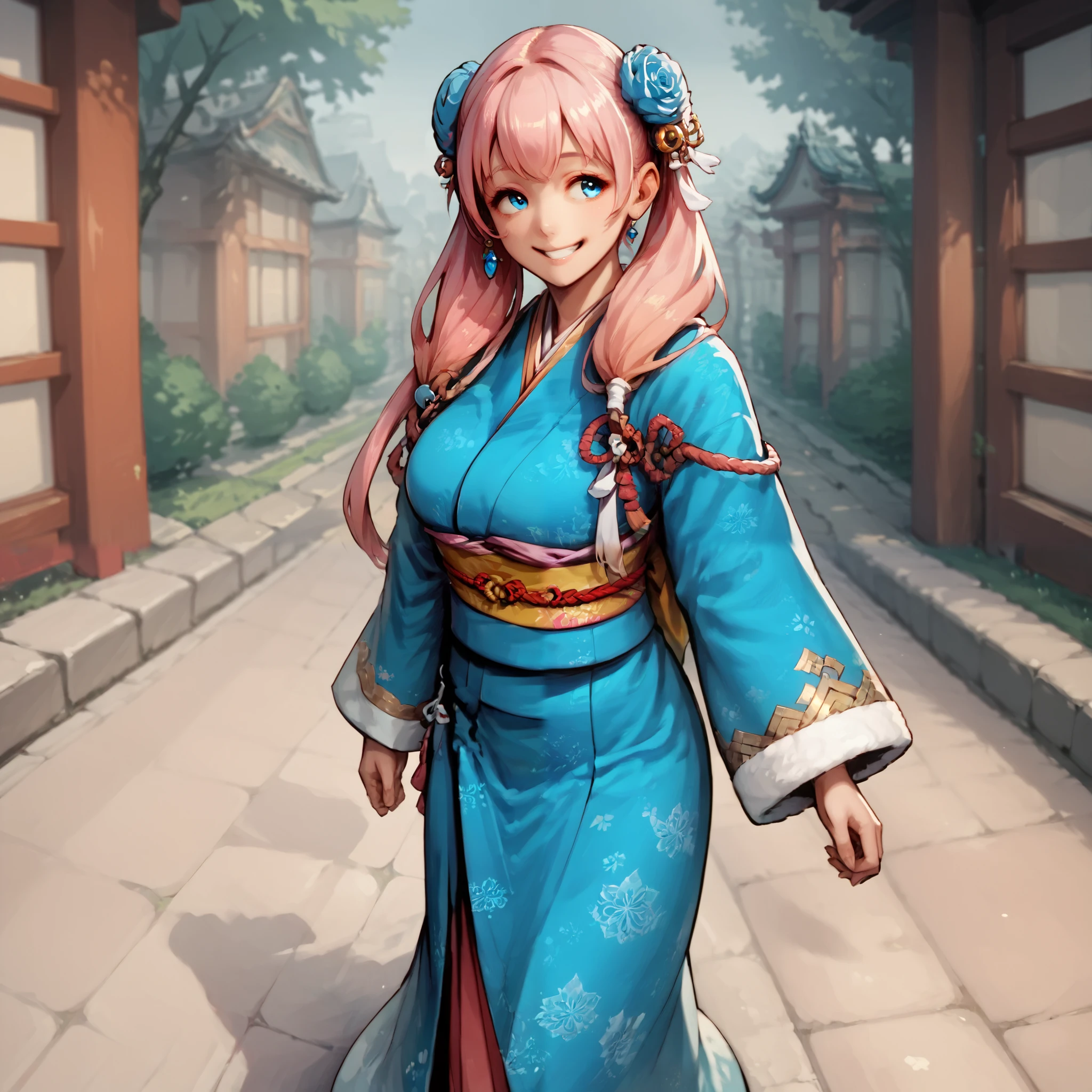(masterpiece, best quality, ultra detailed, beautiful illustration), atmospheric perspective, depth of field, beautiful detailed eyes, anime eyes:1.4, looking at the viewer, (cowboy shot), sexy pose, dynamic angle, (outdoors, grasslands, blue sky, clouds), 1girl, :d, (large breasts), MysticFFT, very long hair, twin tails, drill hair, pink hair, pink eyes, hat, yellow korean clothes, long sleeves, wide sleeves, red sash, shoes, <lora:FinalFantasy_FemaleMystic:0.9>, (peace sign),