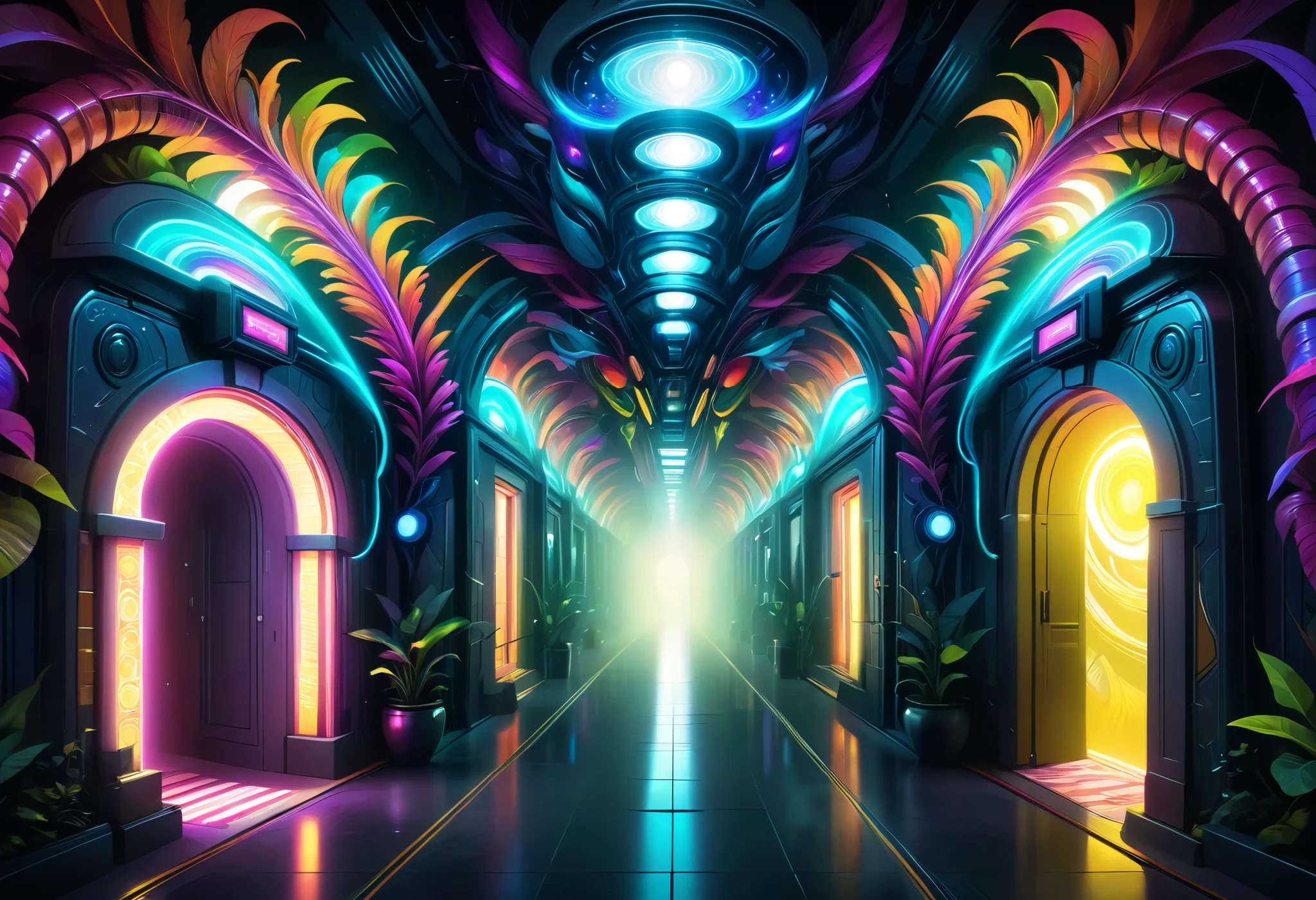 Endless Surreal Hallways, Psychedelic Art , An endless hallway, Fractal Art , Psychedelic Art , transformer, very detailed, masterpiece, 8k, super real, Dark moody lighting, creepy vibe, Restless , Strange Geometric Patterns , Abstract Patterns , bright color, Surreal elements, Distorted Perspectives , Twisted Reality , dreamy, Restless , intriguing , fascinating