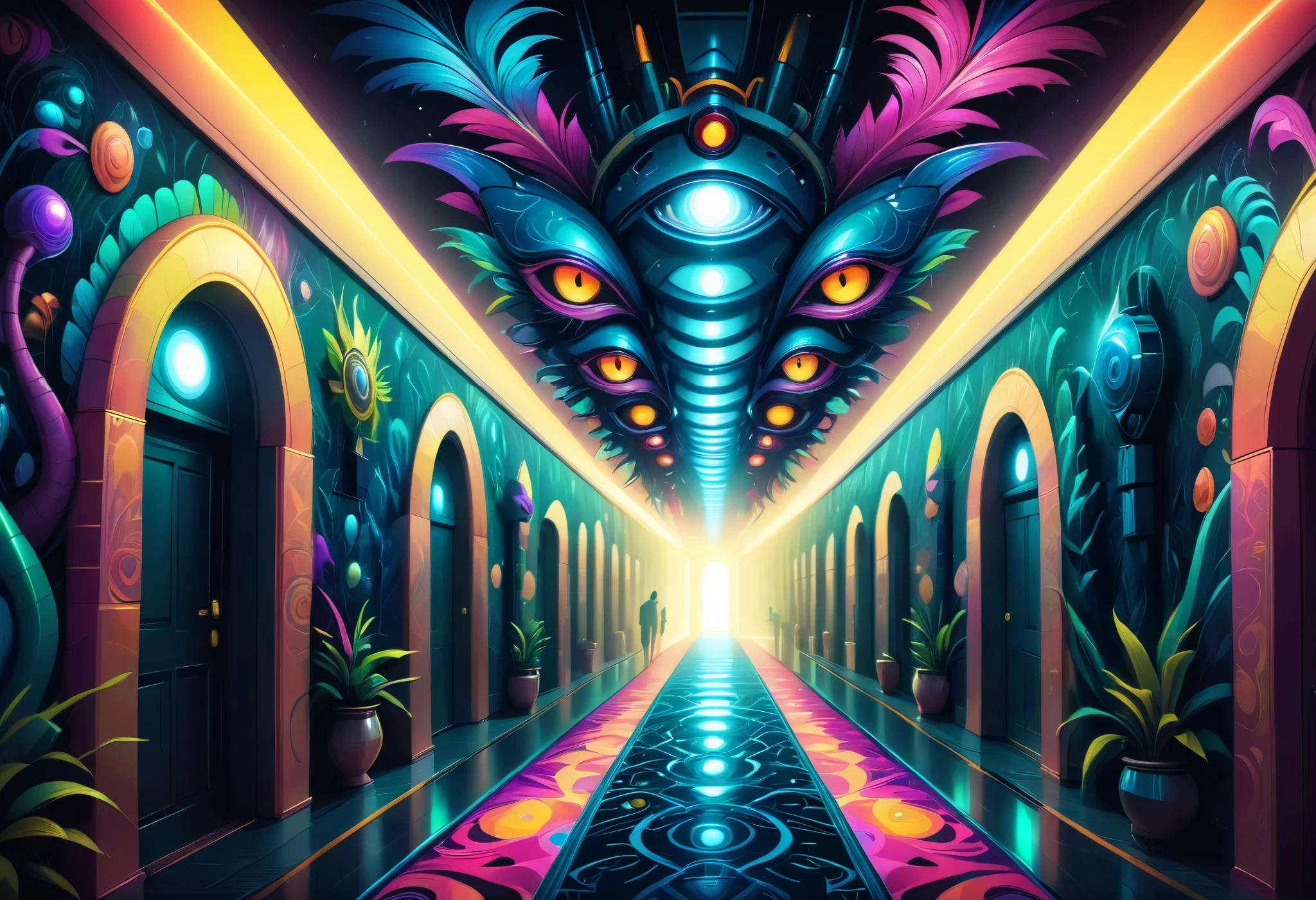  Endless Surreal Hallways,  Psychedelic Art , An endless hallway,  Fractal Art ,  Psychedelic Art , transformer,  very detailed, masterpiece, 8k,  super real, Dark moody lighting,  creepy vibe,  Restless ,  Strange Geometric Patterns ,  Abstract Patterns ,  bright color, Surreal elements, Distorted Perspectives , Twisted Reality ,  dreamy,  Restless ,  intriguing ,  fascinating