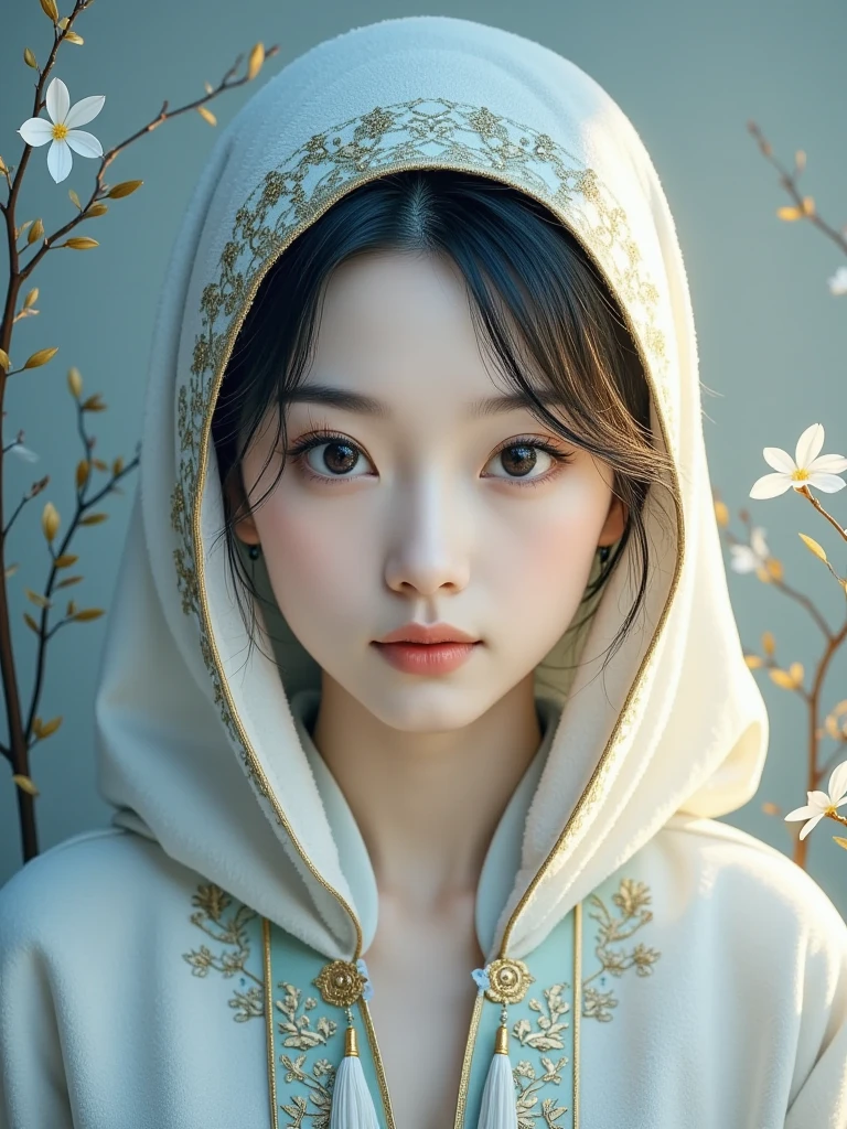 An ultra-detailed depiction of a young Asian woman, ethereal character creation with a pale complexion, softly depicts her delicate face, giving her an angelic appearance. Her expressive eyes are full of innocence and wonder , adding a sense of purity and tenderness to her look. She enhanced the softness of her aesthetic in an oversized, white hoodie, The headscarf outlines her face, complementing the light tones of her hair and skin, and her expression is calm and slightly melancholic, evoking a tranquil, introspective state of mind, as if lost in thought. The background is minimalist and has soft, cool tones. Adding to the tranquil and peaceful atmosphere, her delicate features and gentle gaze stand out