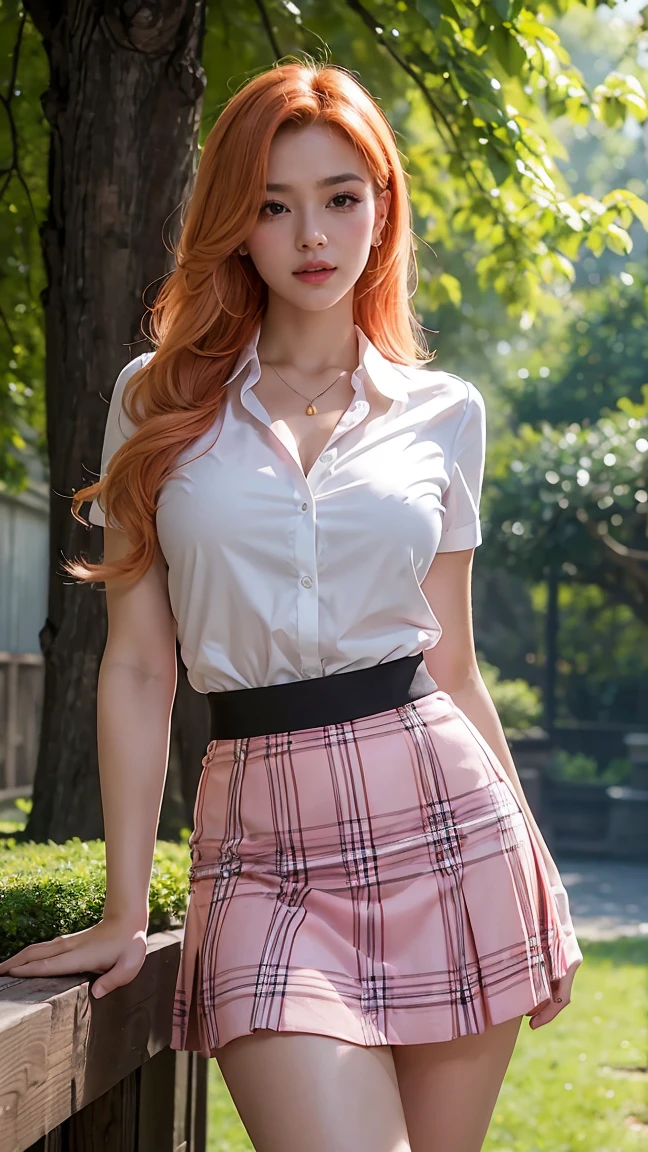 ( top quality ,4K,8 k, high definition , masterpiece fails:1.2), super detailed , realistic, sexy ******girl with orange hair in the garden,beautiful подробные глаза, beautiful,  detailed lips , extremely detailed eyes and face , long eyelashes ,flawless skin, pink panties peek out from under the skirt , gorgeous pink and black  ,fitted skirt ,  accentuating curves , checkered skirt pattern , cropped white blouse ,, unbuttoned top  , big round chest , confident and seductive pose , sunlight , penetrating through trees, soft warm lighting ,floral background , bright colors,portraits, high contrast , warm colors .