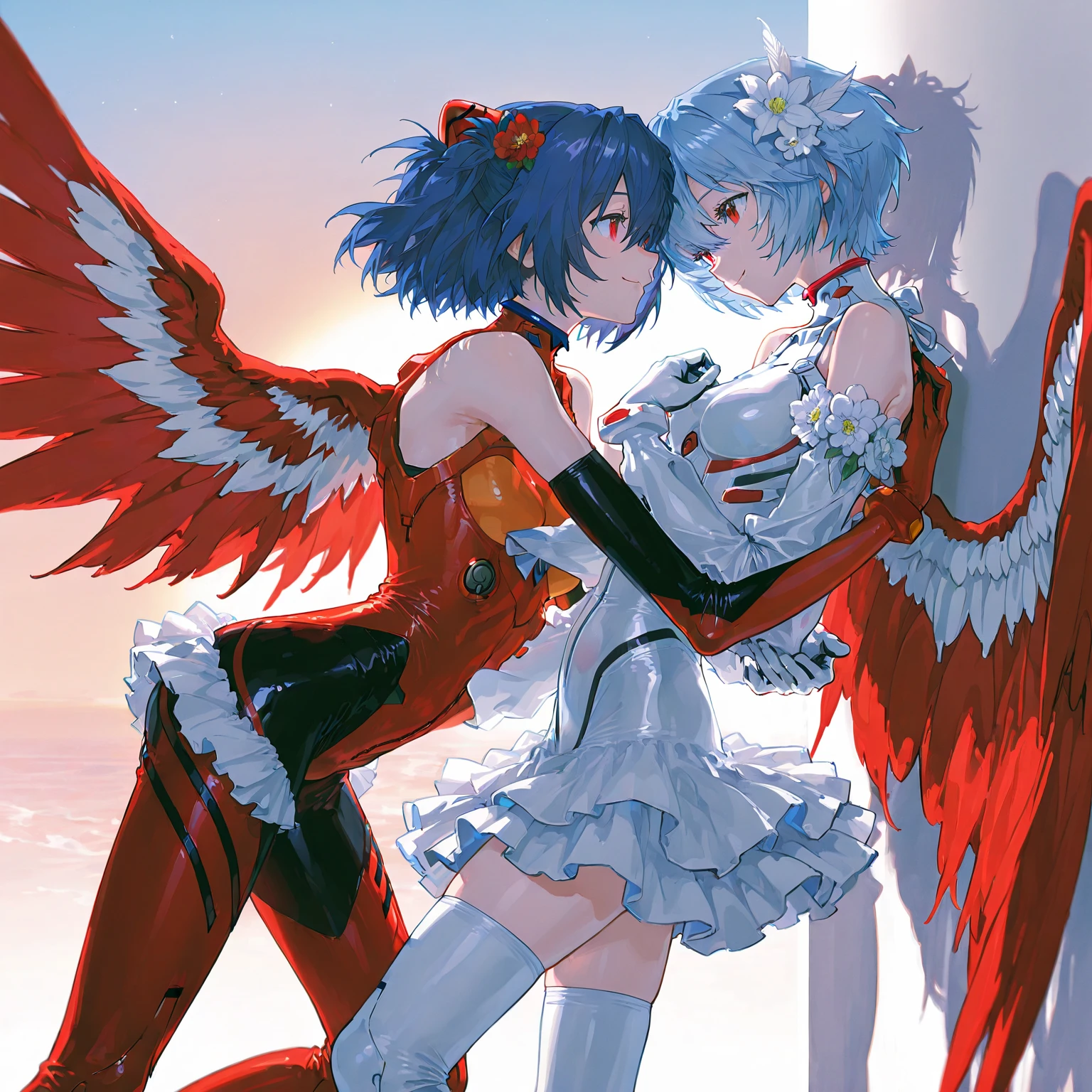 (Devil-winged maiden, long red hair, red horns, wings on her back, wearing a straitjacket, with two hands and two feet), (Angel Winged Maiden, wearing a white strap dress with short blue hair), the two hugged together
