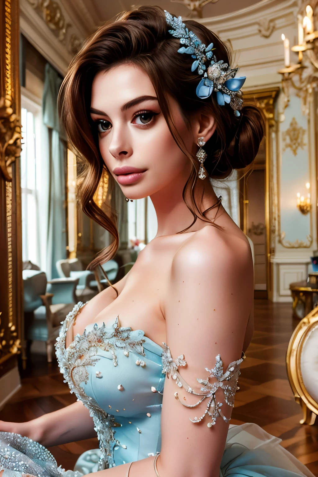 Gorgeous anne hathaway, 18 years old, periwinkle-blue ball gown, elaborate perfect fancy hair, perfect eyes, perfect hands, perfect elaborate hair, full body, UHD, retina, masterpiece, accurate, anatomically correct, textured skin, super detail, high details, high quality, award winning, best quality, highres, 16k, 8k.