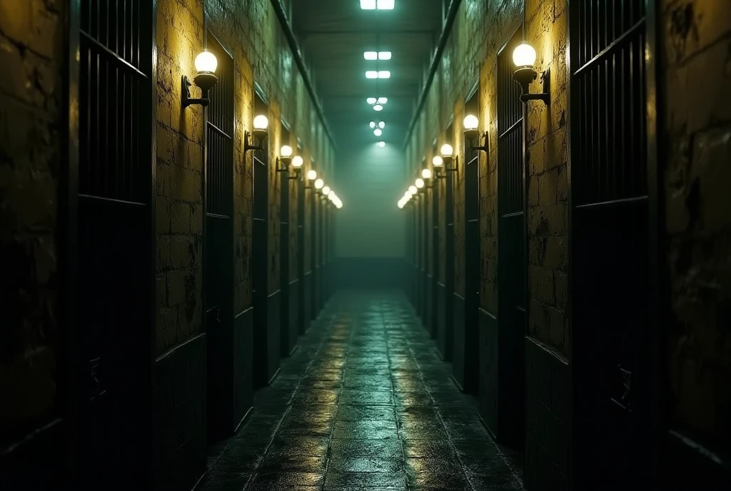 a long dark creepy prison corridor, endless rows of cells with inmates behind bars, yellow dim lamps illuminating the gloomy atmosphere, chiaroscuro lighting, highly detailed, cinematic, moody, dramatic, photorealistic