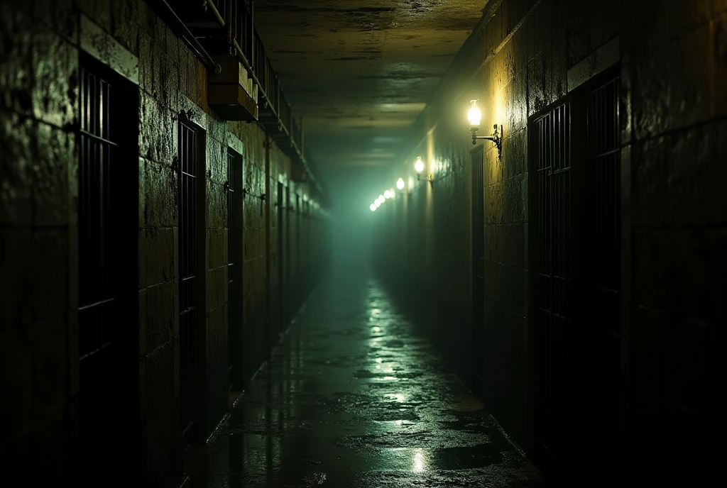 a long dark creepy prison corridor, endless rows of cells with inmates behind bars, yellow dim lamps illuminating the gloomy atmosphere, chiaroscuro lighting, highly detailed, cinematic, moody, dramatic, photorealistic