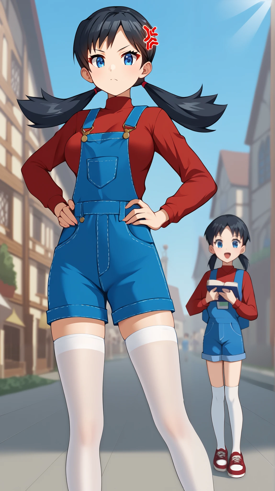 (( top quality)), ((masterpiece)), (( Details)), 1girl, Two legs, two arms, blue-black hair color,  twin tails,  long hair,  blue eyes, red long sleeve shirt , blue shorts overalls,  white knee-high stockings reflective on glass floors,  absolute domain,  thighs, orange laces ,  Tall,  ANIME COLORING BOOK,  Audience , 1 Female, Age 18,  is standing, whole body, Place one hand on hip,  slim figure, anger, Ample breasts, town,  score_9,  score_8_Excellent,  score_7_Excellent,  score_6_Excellent,  source_Anime,  cell shading,  flat color, vector,
