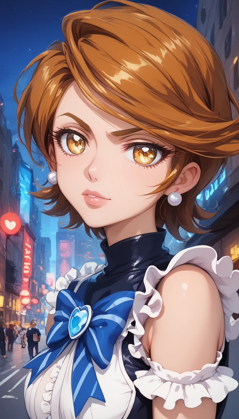  high resolution ,  Masterpiece, precise,  best quality ,  High Detail , โมเดล high resolution ,  Background Converter, City at night, From the Pretty Cure series, , Cure Black,  short hair ,  brown hair, Golden eyes,  White pupil,   medium chest , PUT ON A PREQUEUE