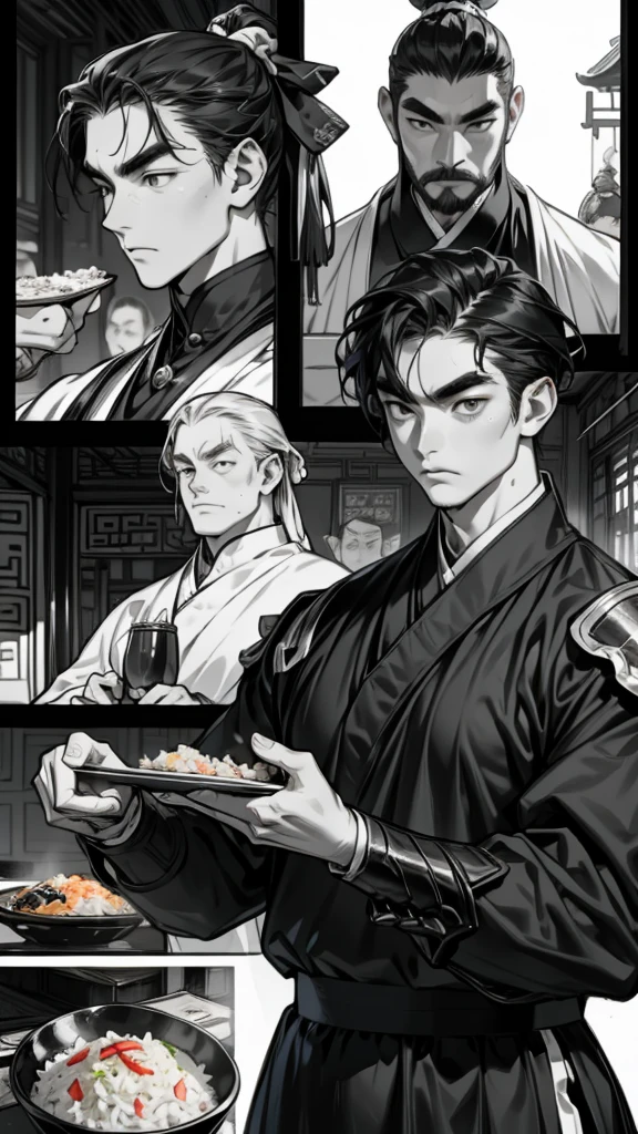       High Quality     、Chinese cartoons 、Black and White、Waiter in armor     、       The waiter describes it accurately 、     waiter carrying fried rice    、 Fried rice restaurant             、 (         five scenes         )、 