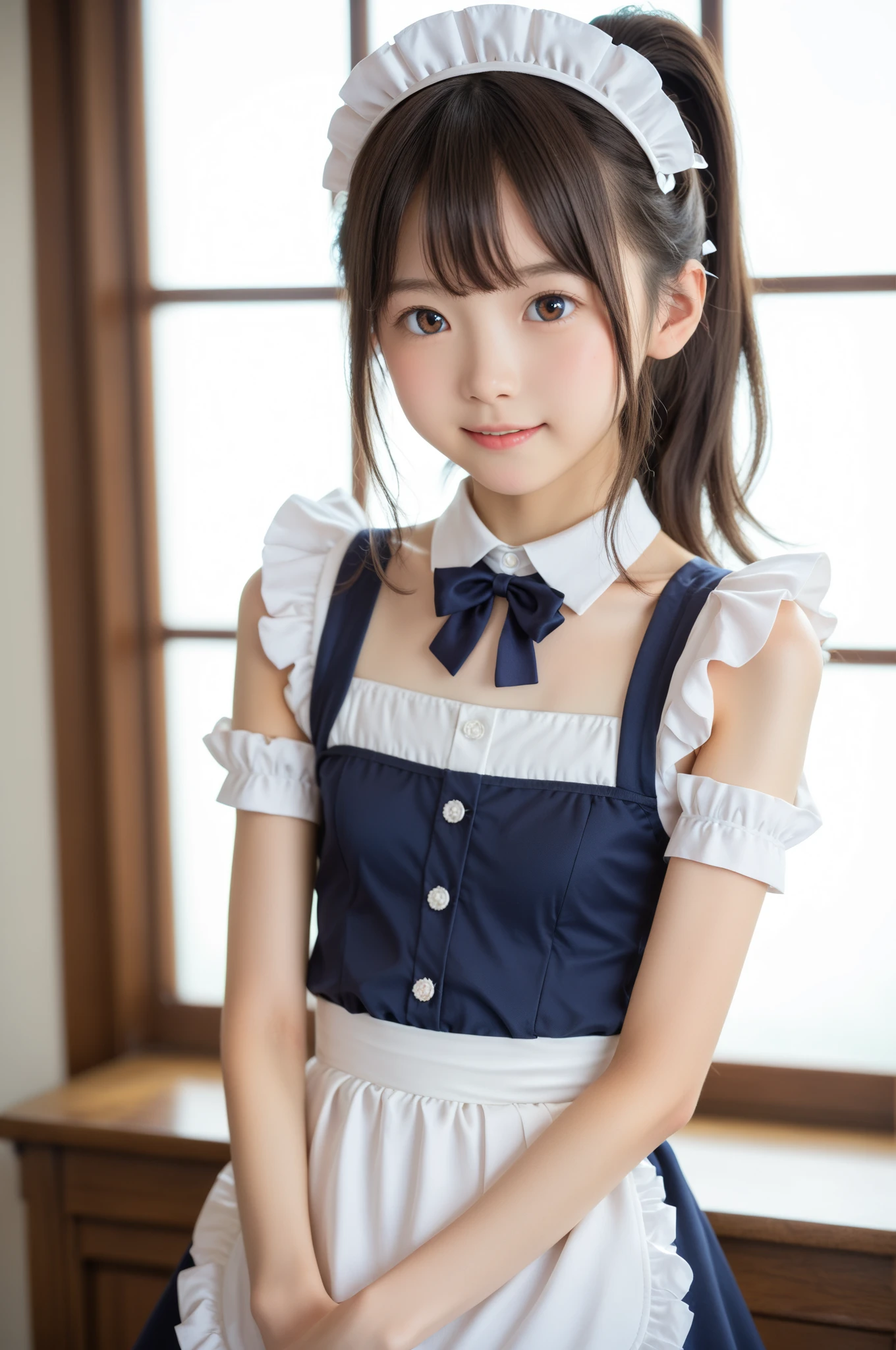  maid clothes ,university student,First Year,younger:1.5,skinny,lanky, anatomically correct, Cute Girl ,masterpiece, highest image quality taken by Ki,4K,8k,16k, brown eyes,Narrow shoulders:1.5, ponytail, long hair,Thin arms,Young, short,130cm, Japanese,Idol's Decisive Pose,score_7_up,rating_safe