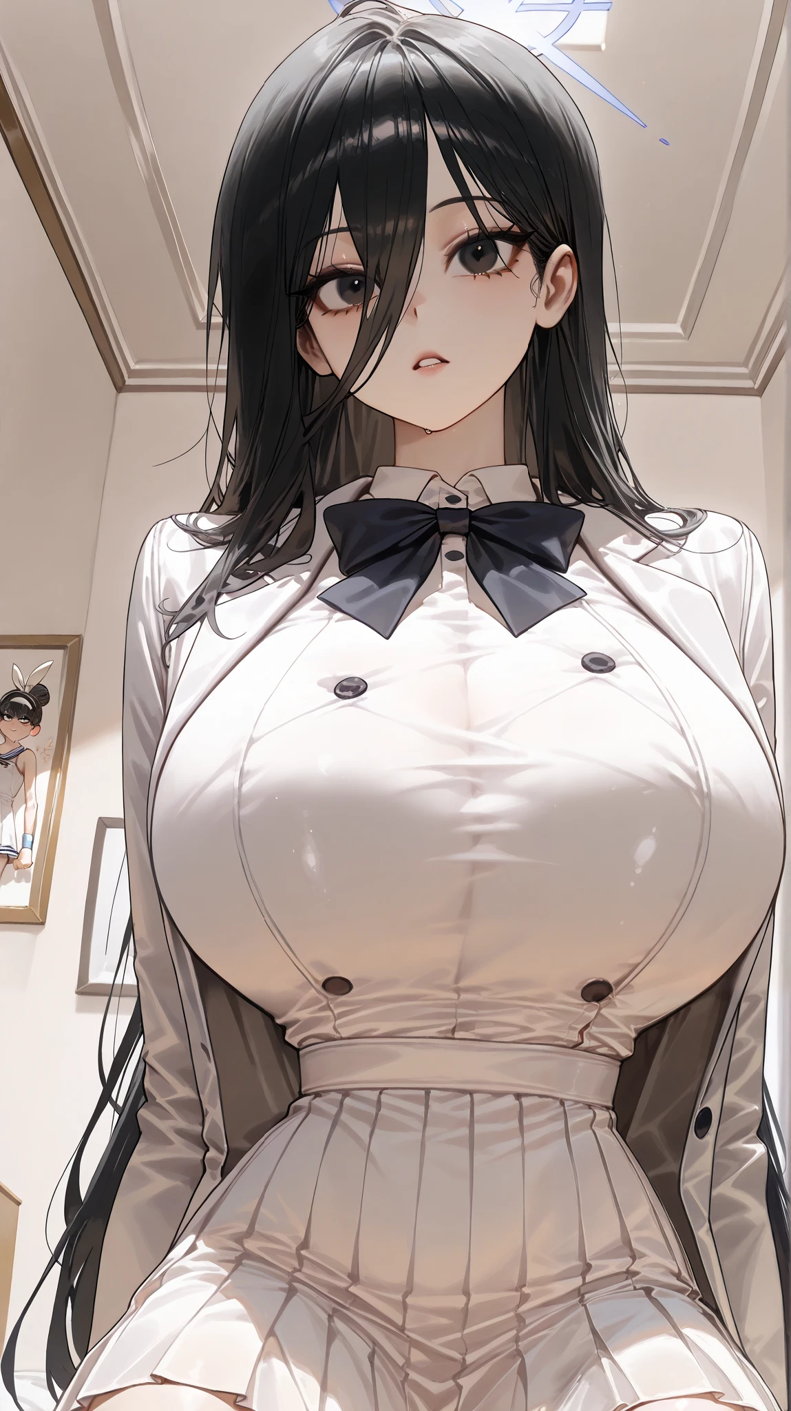 Anime, (걸작, 고해상도, 2k 해상도, 매우 상세한), 정면, (1여자, 완벽한 얼굴),(black hair),black eyes, 홑꺼풀, monolid, (korean school uniform, ivory blazer, white dress shirt, ivory tennis skirt), beautiful, skinny body , half body front shot, in the bedroom , big breasts , slim face