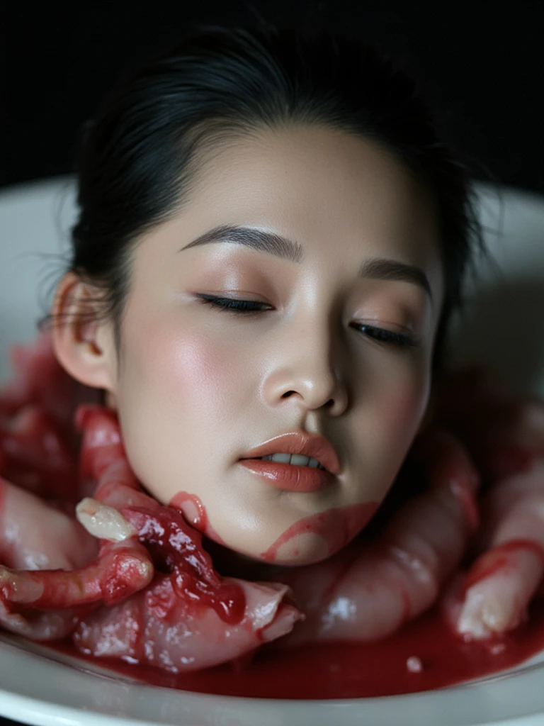   place the head of a decapitated woman , Asia,  Less blood stains   , ((  with eyes closed )),   like a dish on a plate  , Bloody,  actual , 4K, Nikon, fear