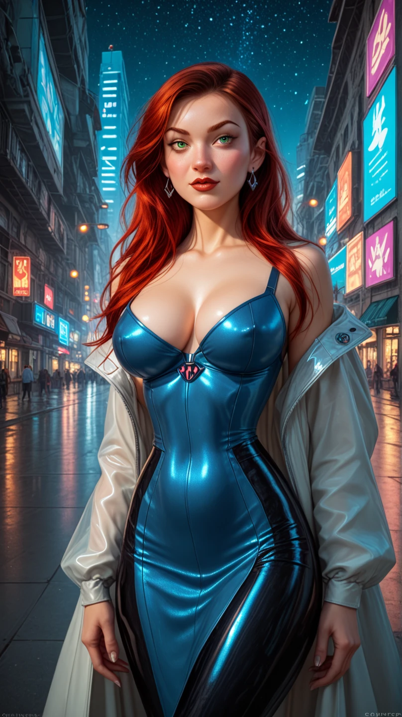 Future Gwen  ,   She should look futuristic  ,   hairstyle with an elegant outfit ,  combining modern and retro .   Her outfit consists of a long raincoat  ,   elements with neon details and geometric pattern .  Gwen has red hair in an elegant  ,  details with silver accents ,   and her eyes are bright green  .  Background - a futuristic city ,   with tall skyscrapers and bright lights  ,   reflecting the starry night sky  . 1 , One,   long hair,   large breasts  , 