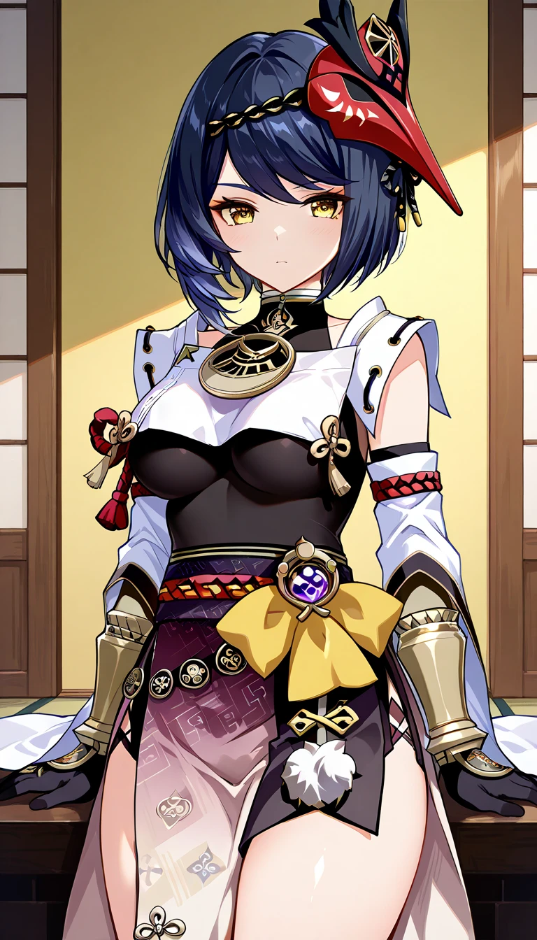 Genshin Impact_Kujou Sara,Q 70U 5A4A ,ハイパー Details,  top quality, ( complicated_ Details:1.1),美しい Details, beautiful hair, kimono,  cute innocent girl wearing a mask , Sleeveless,  elbow gloves, Arm guard, 1 girl, Alone,