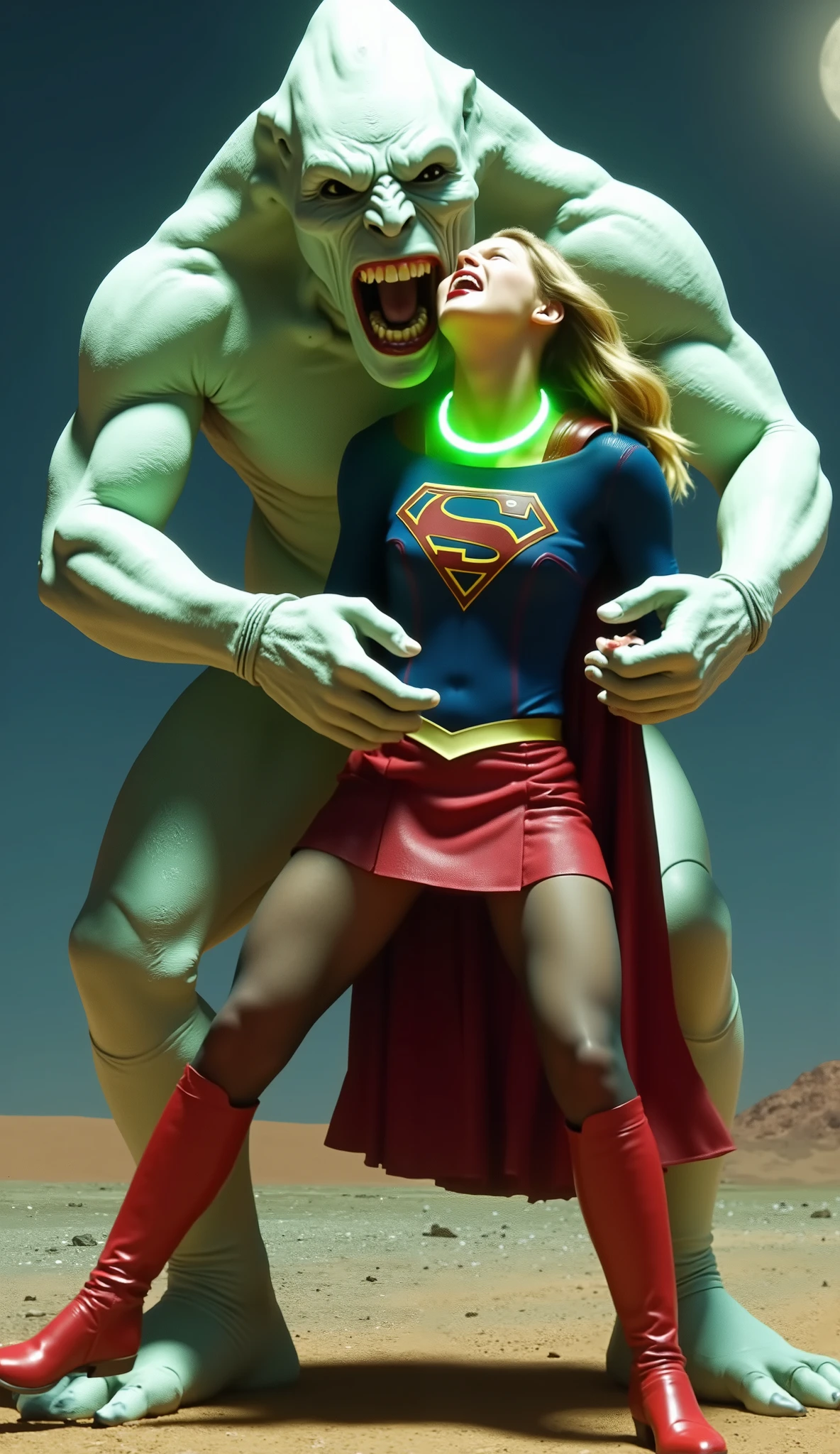 Supergirl is fighting with a big alien monster, very bright white skin, can see whole body, She is wearing a thin black pantyhose, short red leather fabric skirt, red knee height long boots, blonde hair, lighting green collar on her neck, She is screaming in pain, seriously injured, painful, a huge body fierce Alien Monster hold and carry Supergirl body, the Alien Monster seize her body tightly and bite her neck, photorealistic, hyper realistic, night time on the Mar with moon lighting,