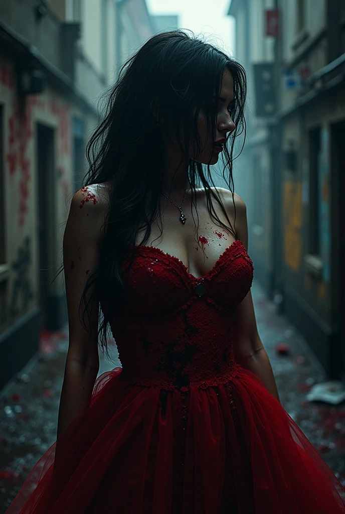 Gothic woman in vampire fashion. She has dark wavy hair, red eyes and expressive red lips. She is wearing a short old-fashioned red elegant vampire tight dress, minimum covered areas of the body and dark tights. Big breasts.   stands on high heels , her look is emphasized by mystical light. Her face is decorated with a light half-smile with a hint of a hint on sharp fangs. The atmosphere is gothic, mysterious, top with elements of fog and night light.