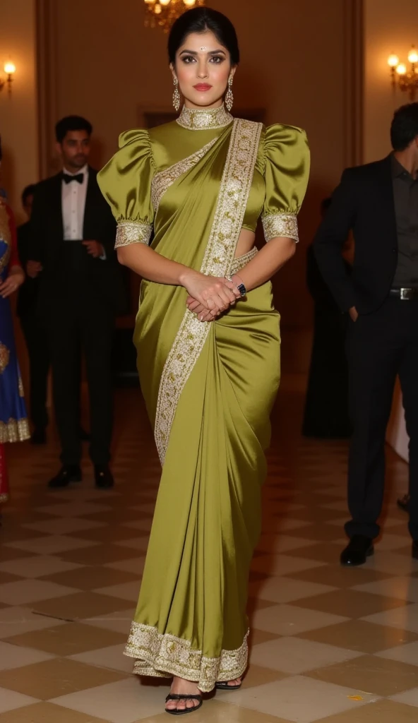 a tall fat v shape body figure woman stands straight gracefully at a party,camera-facing with her hands  together in front of her.she is wearing a indian-style outfit made of olive satin multicolor lace design work fabric saree. the high-neck saree has exaggerated puffy shoulders, adding a dramatic flair, and fitting 3/4 sleeves for an elegant touch.the saree look is completed with high heels that accentuate her poised stance,exuding sophistication and allure.