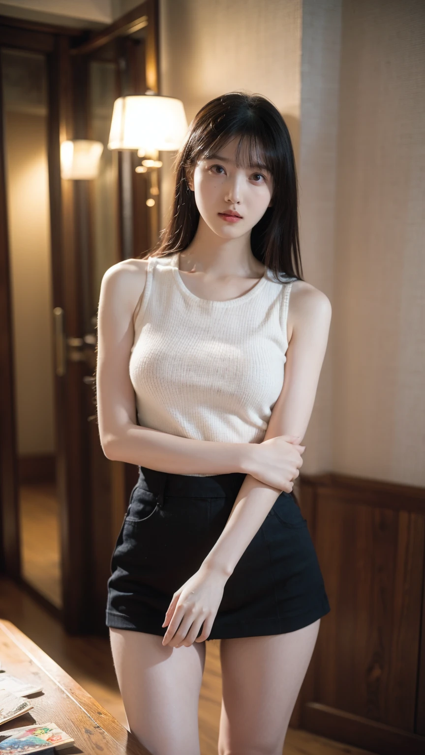 absurdres, RAW photo, extremely delicate and beautiful, masterpiece, Best Quality, ultra high resolution, 32k, hyperrealistic, ultra-detailed, perfect anatomy, super Detailed skin, perfect figure, Japanese woman, late 20s, very Slim body, narrow waist, very small head, handsome detailed woman, very detailed eyes and face, realistic face proportions, Stunning detailed eyes, Realistic beautiful face, very small face, Realistic small beautiful eyes, tearful mole, earring, beautiful and very thin legs, beautiful and very thin thighs, ((very huge round breasts)), medium hair, black hair, ((full body shot)), ((shirt)), ((sleeveless)), pencil skirt,