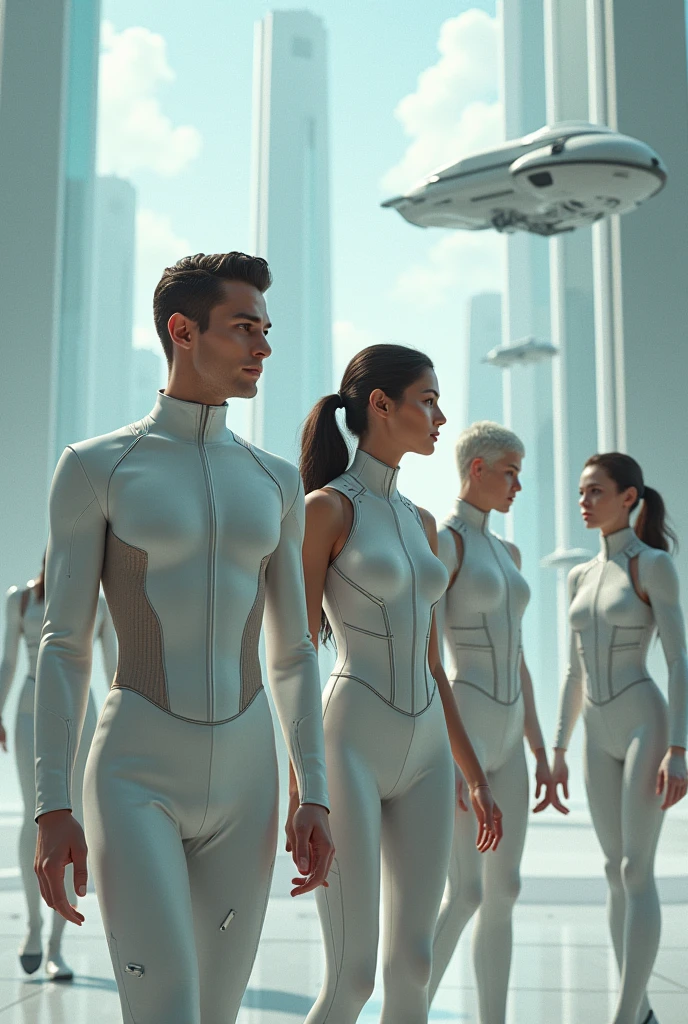 {subject: Four futuristic characters, two men and two women, embodying the essence of an imaginative, luxurious, and advanced world as depicted in the provided image. Their outfits are inspired by the retro-futuristic aesthetic of their environment. One character wears a sleek, form-fitting suit with chrome accents and glowing lines, representing a seamless blend of past and future. Another character is dressed in a plush, leather ensemble with geometric patterns and metallic accessories, reflecting the warm, inviting tones of their living space. The third character wears a translucent, flowing garment with a holographic overlay, reminiscent of the transparent dome structure around them, while the fourth character is adorned in a high-tech jumpsuit with soft, organic shapes and textures, evoking the surrounding greenery and natural light. All characters exhibit a sophisticated, yet relaxed demeanor, perfectly at ease in their luxurious, high-tech world} {image type: photorealistic cinematic style} {environment/background: A luxurious, futuristic interior with retro elements, featuring large arched windows, lush greenery, and advanced, organic-shaped furniture. The setting is a fusion of nature and technology, with soft natural light filling the space and highlighting the sleek design and modern comforts} {art styles: retro-futuristic design, high-end fashion photography, editorial elegance} {lighting: soft, diffused lighting that enhances the warmth of the environment and the textures of the outfits, with gentle highlights on metallic and reflective surfaces} {camera: wide-angle shot capturing the entire group in a relaxed, yet poised stance, with the futuristic furniture and greenery as part of the composition} {resolution: ultra-high-definition, 8K render, with intricate details on clothing, materials, and the sophisticated interior setting}