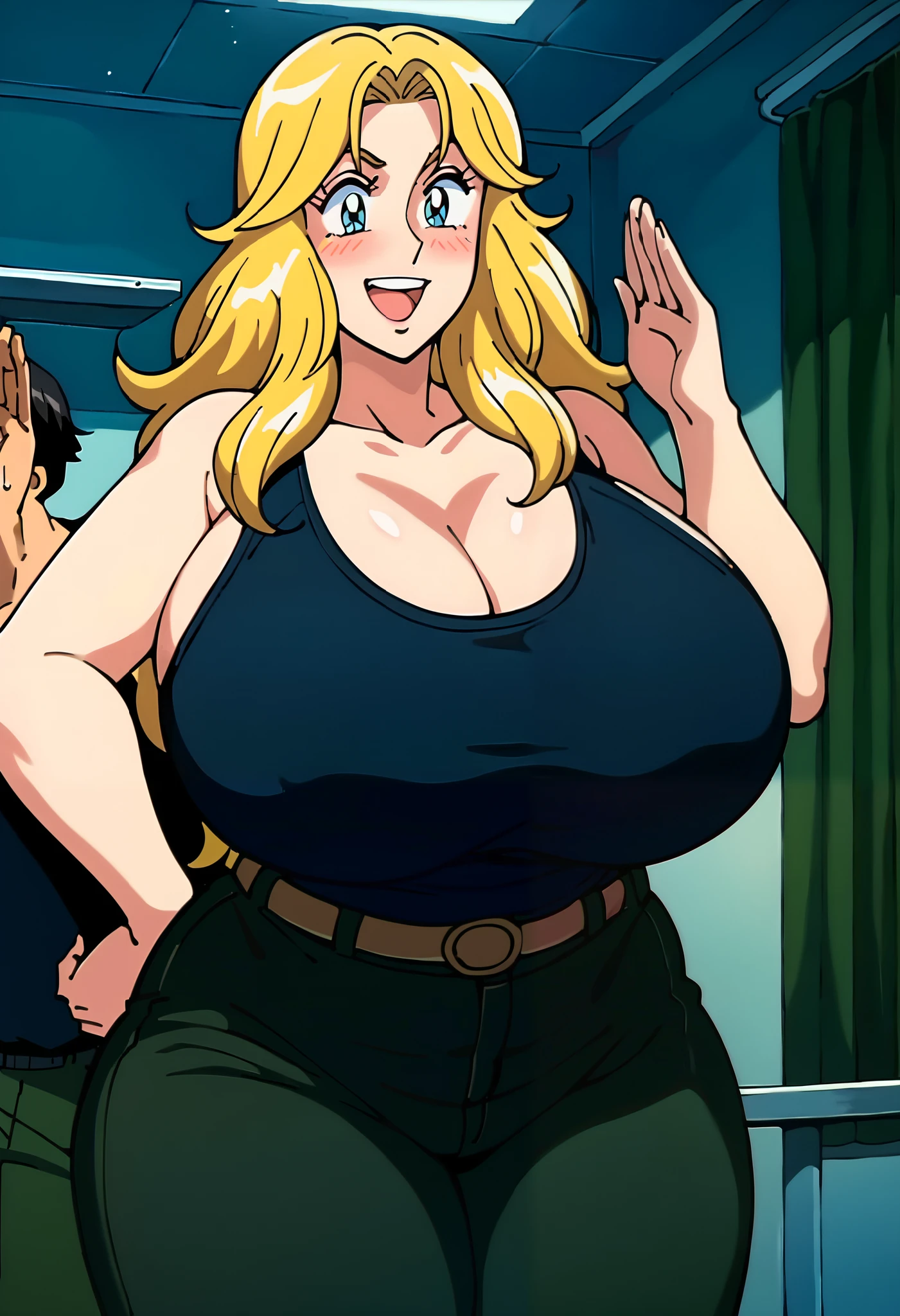 (((official art))), Uncensored, rating_explicit, absurdres, masterpiece, (Jodie Karen Bakuryuu, blue eyes, blonde wavy hair,), anime, BREAK, smile, blushing, open mouth,, BREAK salute, (black tank top shirt, long pants, camouflaged pants), ultra huge breasts, 