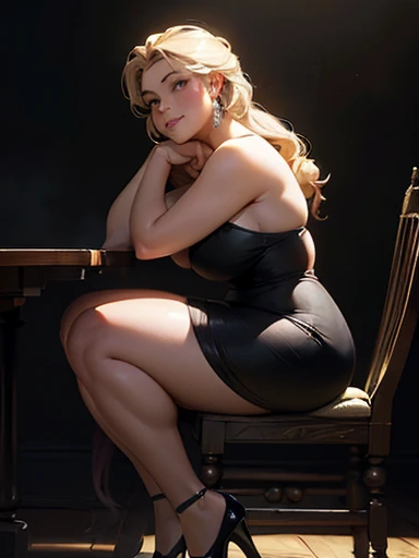 masterpiece, (photorealistic), (8k wallpaper) , (best quality), perfect quality, solo, (detailed eyes), girl, Elsa, blonde hair, very beautiful, (side view), young, pose: ((side view), sitting on chair,  looking forward), face : (Elsa, small smile, very beautiful face, plump face, round face, plump cheeks, small smile, very beautiful, cute face, big eyes) , figure: ( very full body, very full figure, very thicc, very thick, very chubby, very soft, very curvy, love handles, fat rolls, sexy curves, wide hips, sexy, very thick thighs, thunder thighs) , clothes : (tight decollete dress), looking pleasured, Disney animation aesthetic, boudoir setting, in the style of a Dark Fantasy oil painting by Boris Vallejo