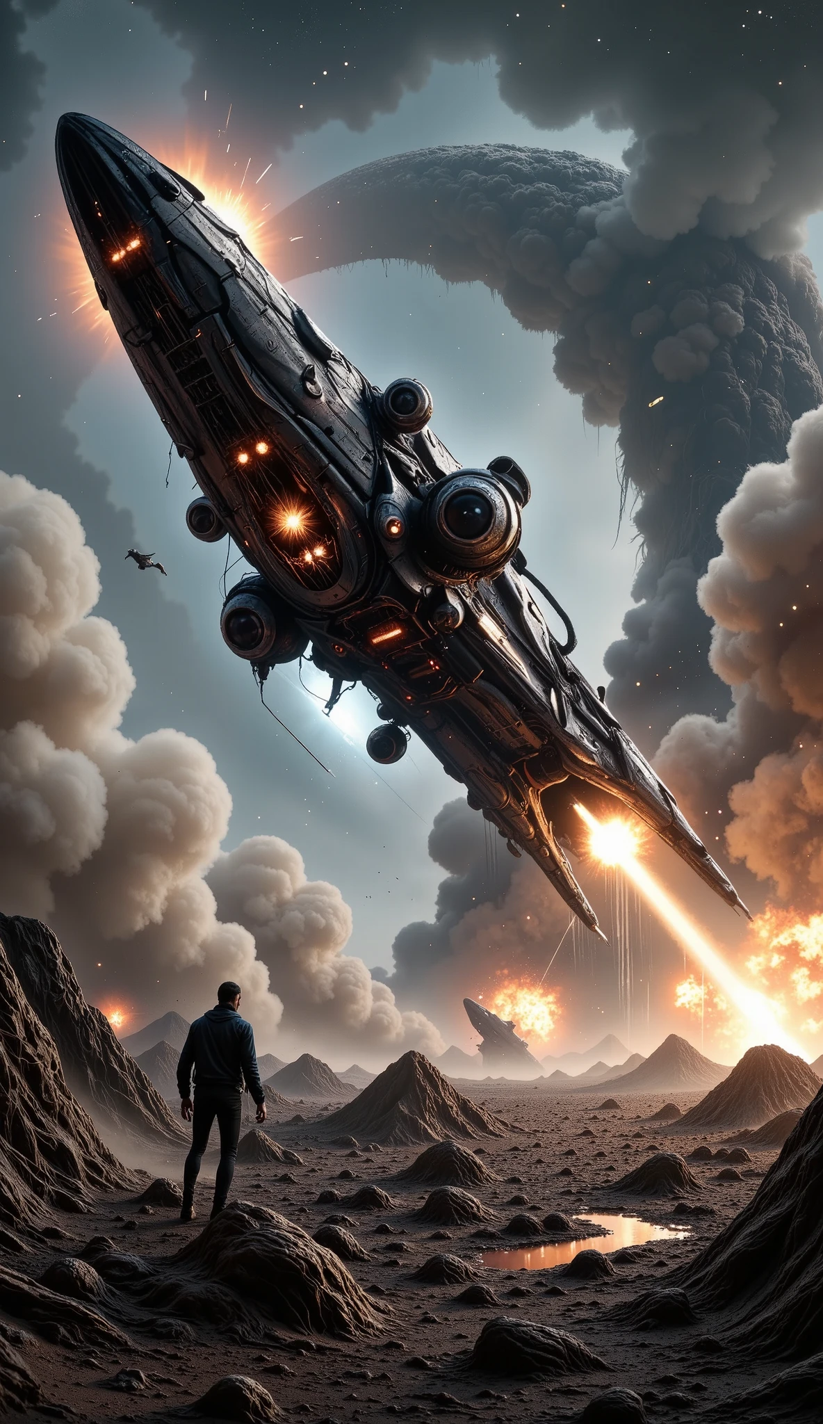 low angle shot :1.7, a dramatic science-fiction futuristic space war, massive explosions , epic scale, intense action, courageous realism , film composition , dramatic lighting , Highly detailed spaceship , advanced alien technology , powerful energy weapons , spinning cosmic clouds , distant stars, Heroic pilots, intense battle, war-torn landscapes