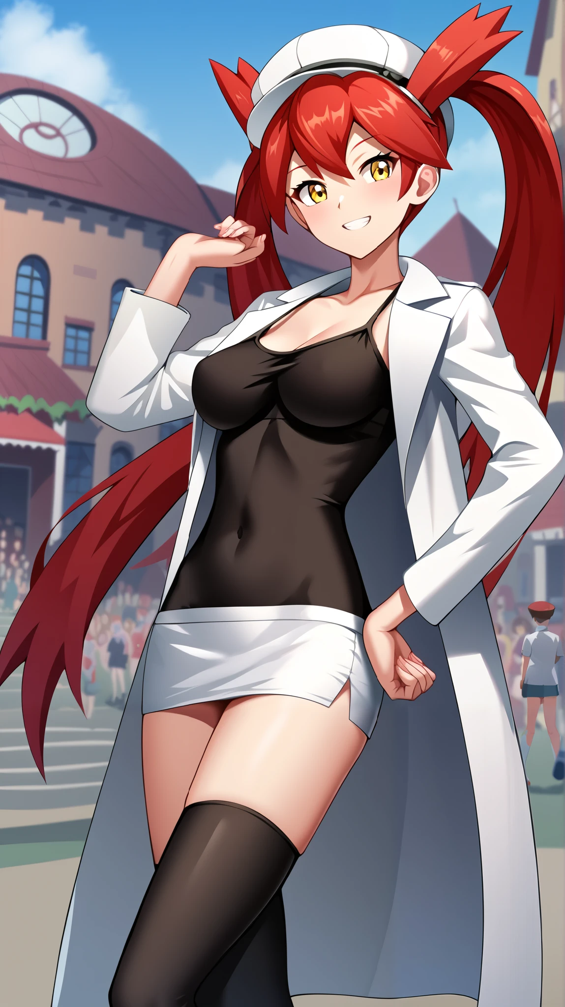 (( top quality)), ((masterpiece)), (( Details)), 1girl, Two legs, two arms, Red hair color,  twin tails,  long hair, Yellow Eyes, Ample breasts,  Tall,  Audience , 1 Female, Age 18,  black belly button up camisole, Belly button,  black tight mini skirt,  thighs,  beautiful feet,  white long boots, White long coat, white western hat ,  sexy smile,  seductive smile , Place one hand on hip, Slim figure,  is standing,  ANIME COLORING BOOK,  score_9,  score_8_Excellent,  score_7_Excellent,  score_6_Excellent,  source_Anime,  cell shading,  flat color, vector, (\ Pokémon\), town,