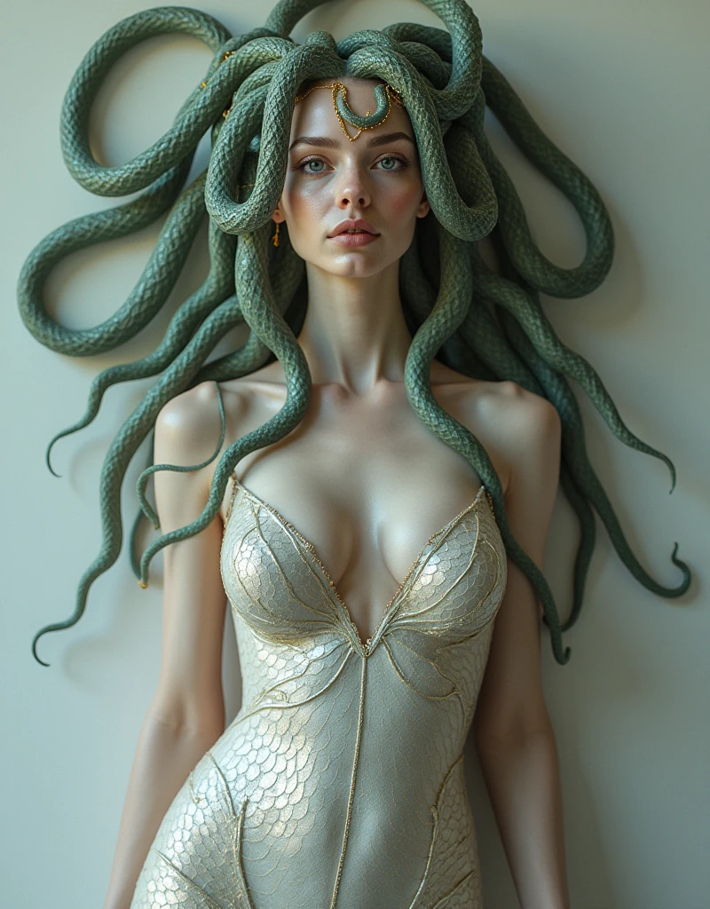 Ultra-realistic image of a full-body mythological Medusa, extremely sexy, dressed in suggestive clothing, in a suggestive pose, perfect body, with snakes instead of hair, White skin, bright and radiant green eyes, gesture of mischief and seduction