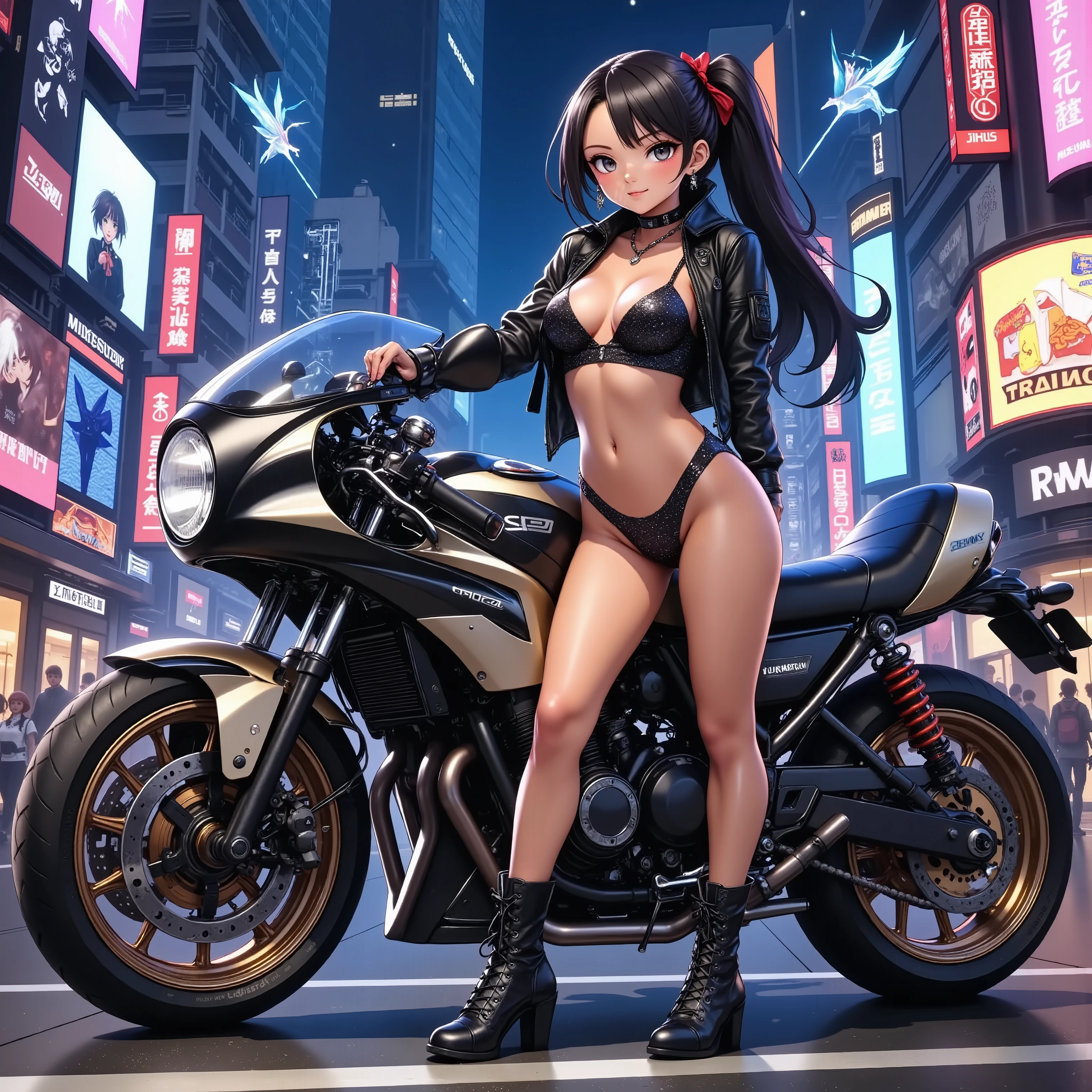 A girl standing next to a motorcycle　+ night neon city +Cyberpunk city