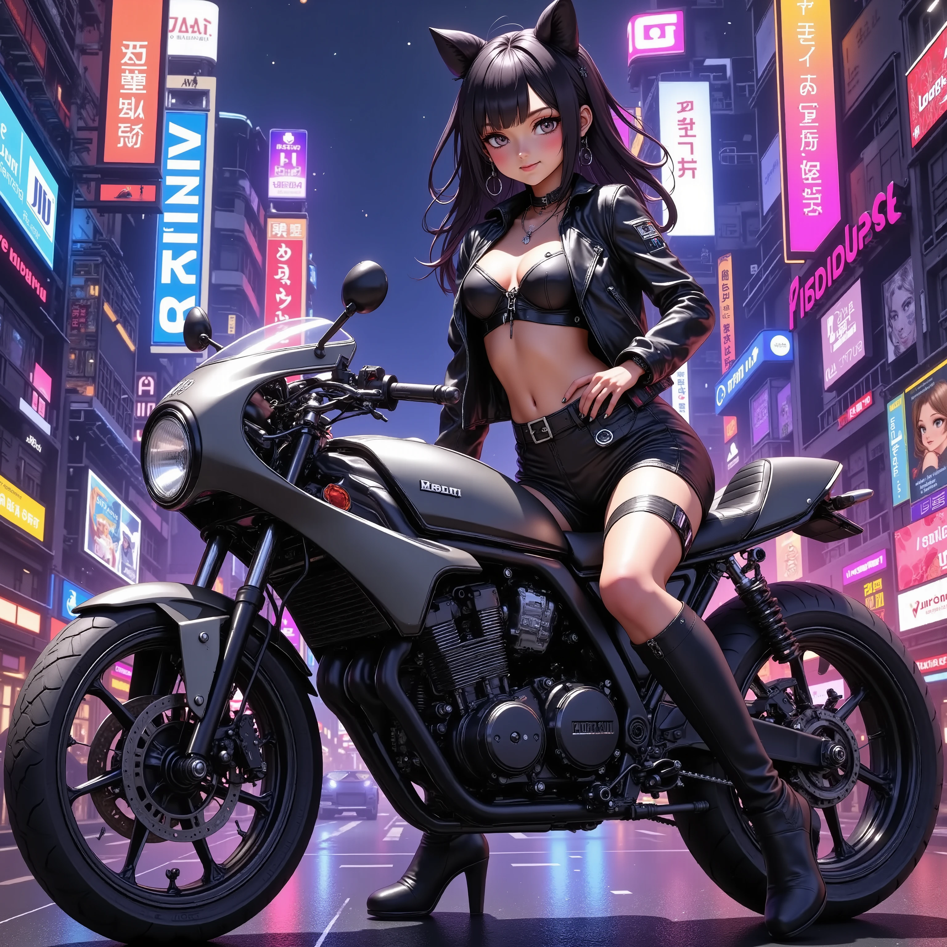 A girl standing next to a motorcycle　+ night neon city +Cyberpunk city