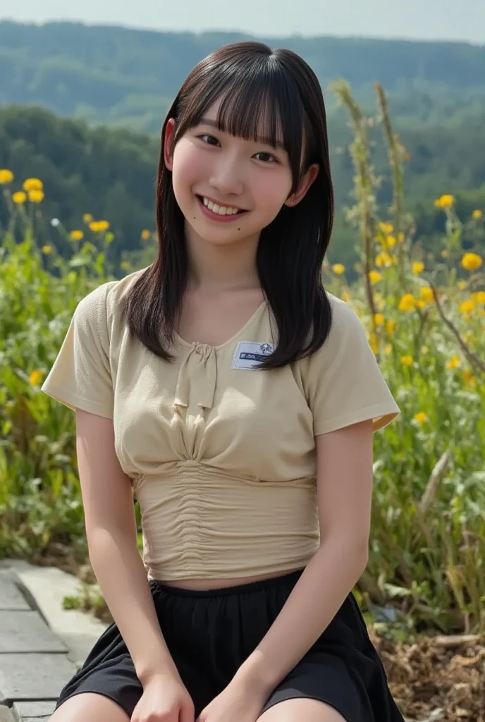 (sitting, open legs out, hands on chest, on), Japanese girl, late teenage, (best quality), (ultra detailed), (from side, on), (nude, on), (countryside, on), (in summer, on), natural lighting, (slender, muscular, medium breasts, on), happy laughing, (pussy juice, pubic hair, on)