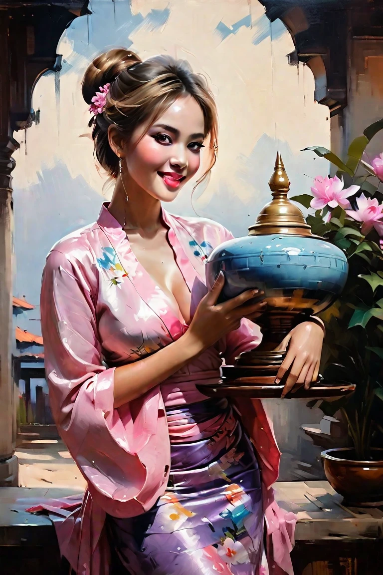 Create a contemporary portrait of a beautiful, Young and energetic, Charming model, Large
Breasts, Clive Arch, (Exquisite eyes, Delicate lips,
extremely Exquisite eyes), Show a bright smile, airbrush
oil a beautiful woman with her light brown
hair up in a fussy bun she is wearing a pink Myanmar traditional blouse and floral long skirt and holding the alms bowl in the
expressive and painterly style of Malcolm Liepke.The portrait should feature a
close-up of the subject's face with strong,with white pink light blue and lavendar flowers and Bagan ancient bagodas in
the background,
dynamic
brushstrokes and a focus on capturing
the depth and texture characteristic of
Liepke's work, evoking a sense of modern
elegance and
emotional intensity